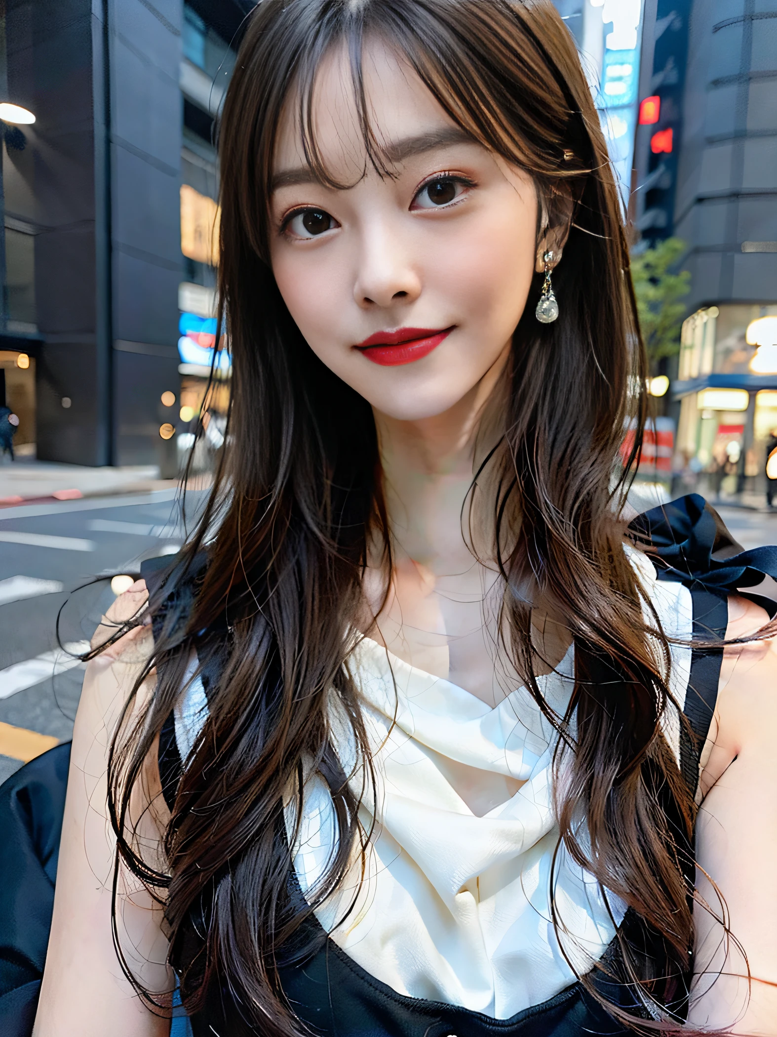 Woman posing on street corner in black dress、beste Quality、The girls 1 people、a large breast、well lit、Blur background、al fresco、See-through blouse、Black clothes、short-hair、Beautiful sky with details、ear ring、Upper body only、Soft lighting、Vents、glowy skin、smile on face、