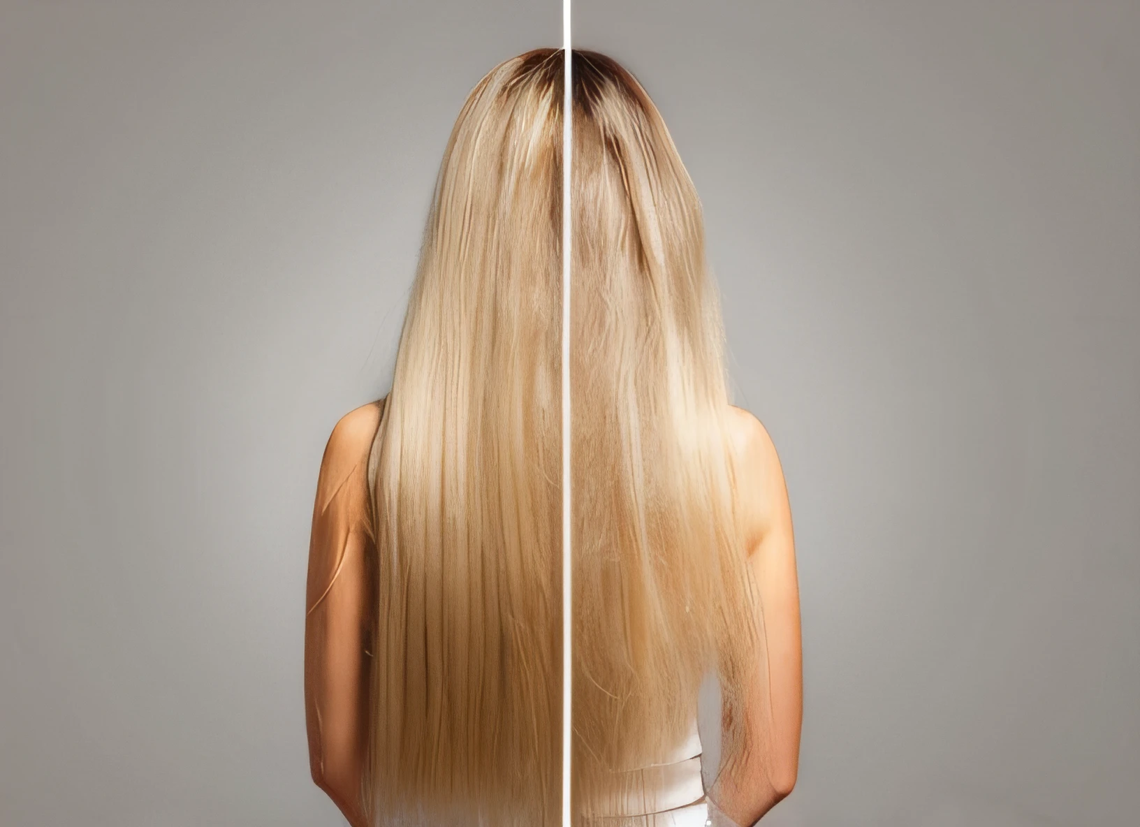 arafed woman with long blonde hair before and after hair treatment, straight stiff dry damaged hair, frizzy hair, very long and unkempt hair, thinning hair, unkept hair, hair texture, hair over face, longer hair, parted hair, disheveled, long flat hair, front and back, her hair is long and straight, full hair