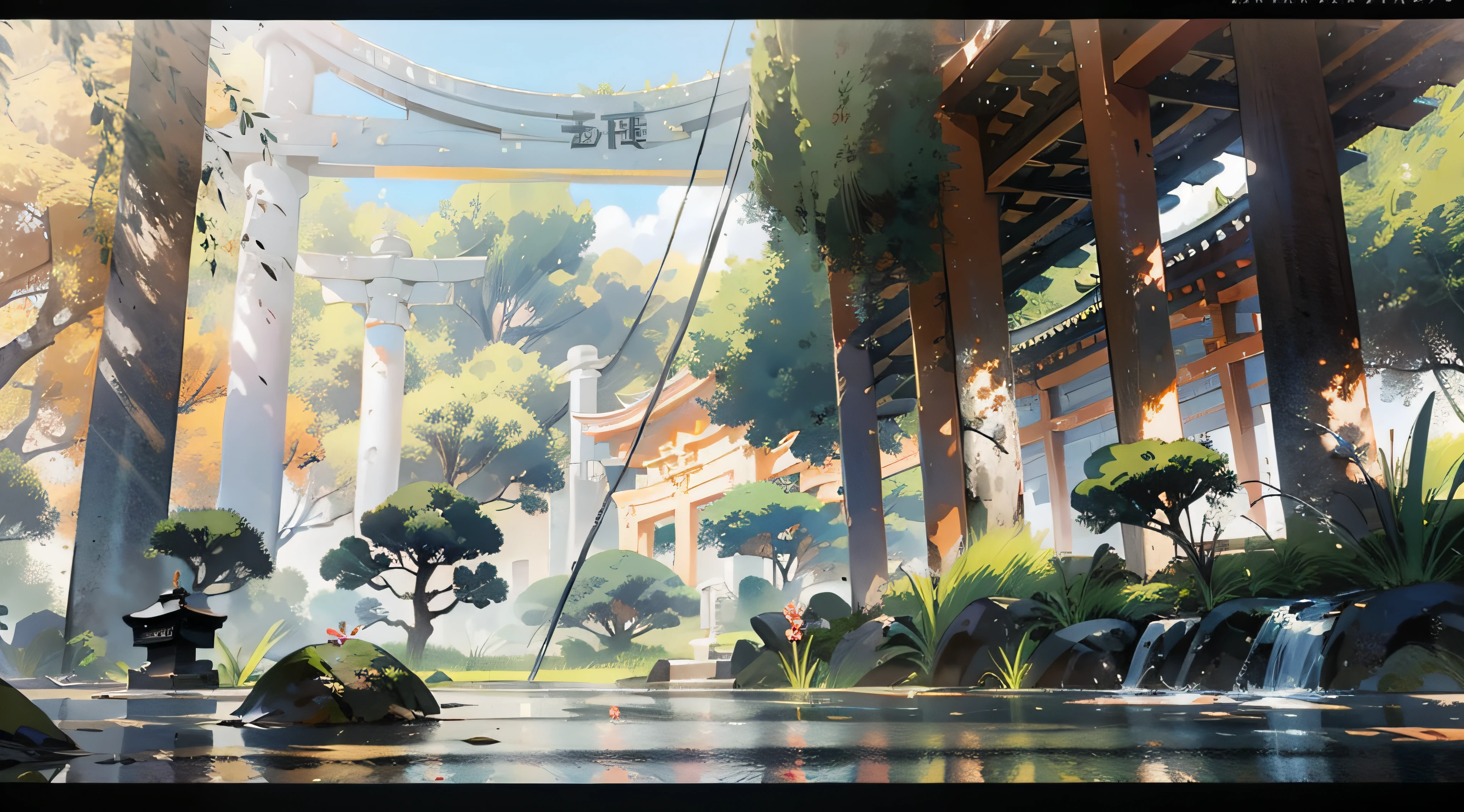(Ancient Japanese shrine design),(Cobblestone road,porch,Torii,Stone lanterns,Depth,symmetrical design),(wood planks,Bonsai,vase,massive trees,Shrine,florals,ponds,courtyard,waterwheels),abundant detail,Ancient Japanese Showa style,Quiet and elegant atmosphere,Cool tones are the keynote,Delicate and soft painting style,Cinematic lighting effects,HD picture quality,Gentle light,Tyndall effect,dreamlike,abundant detail,Refer to Gu Kaizhi,32K