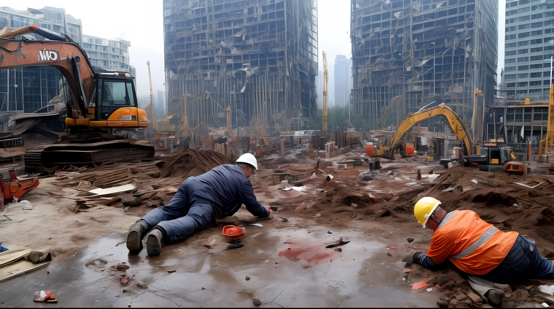 construction site、accident、bleeding、Man falls from a high place、Tragic accident、The actual scene of the accident、High-rise building construction、Accidents at construction sites、Falling from a high place、Man lying on the ground、Man lying on the ground bleeding。Man in his 50s。Man in work clothes。A man in his 50s collapses inside a construction site。Man in his 50s with realistic human face。A man in his 50s bleeding from his head。There is only one man in his 50s in the photo.。Man lying face down。bleeding from the head。There is blood on the ground。The photo shows a high-rise building under construction。Man falling to the ground。Man spreading his legs