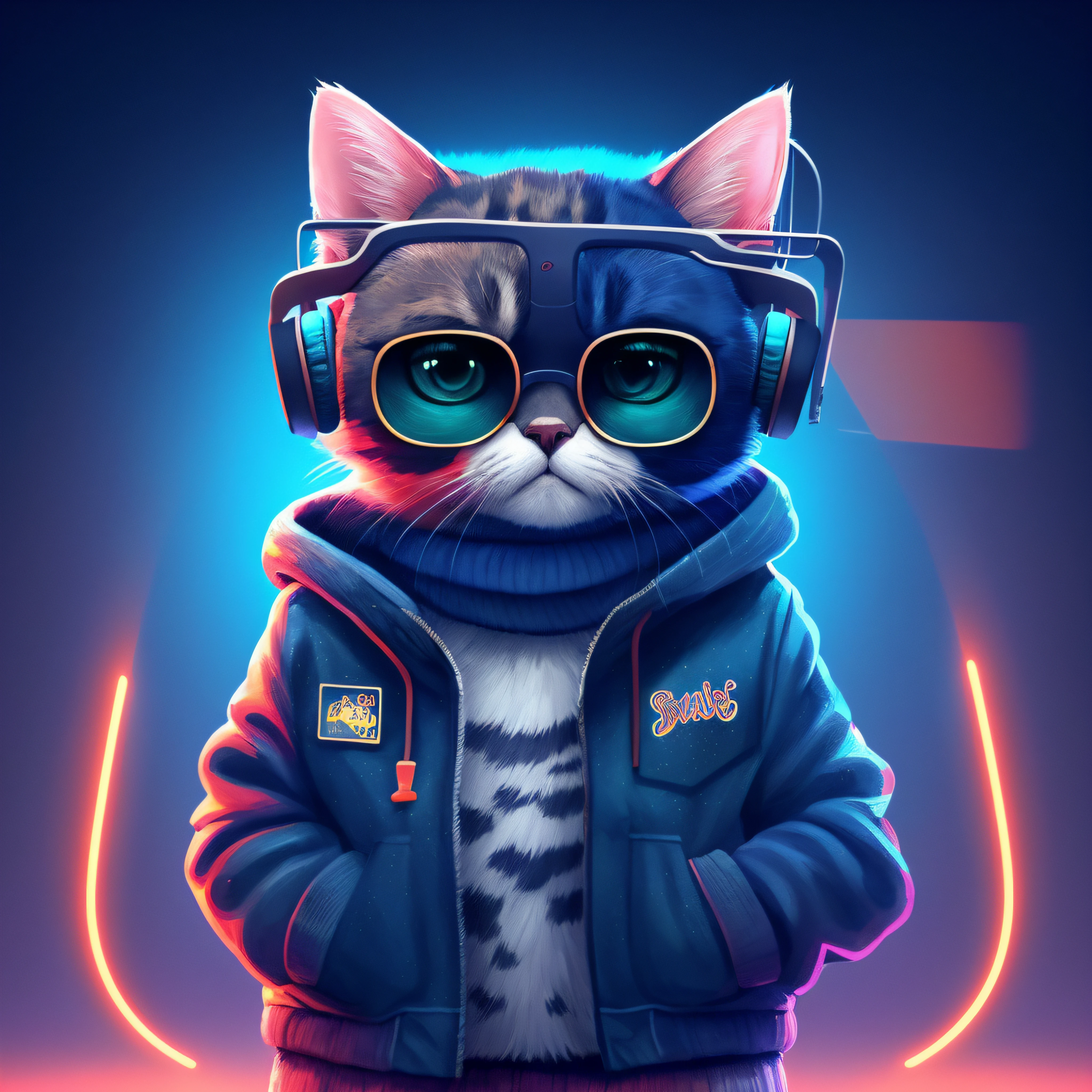there is a cat wearing headphones and a jacket, gato cyberpunk, arte digital detalhada bonito, arte digital bonito, arte digital peluda, painting digital adorable, Fursona usando roupas estilosas, Epic retrowave art, estilo de arte synthwave ]!!, epic digital art illustration, estilo de arte synthwave, in style of digital illustration, Arte digital detalhada em 4k