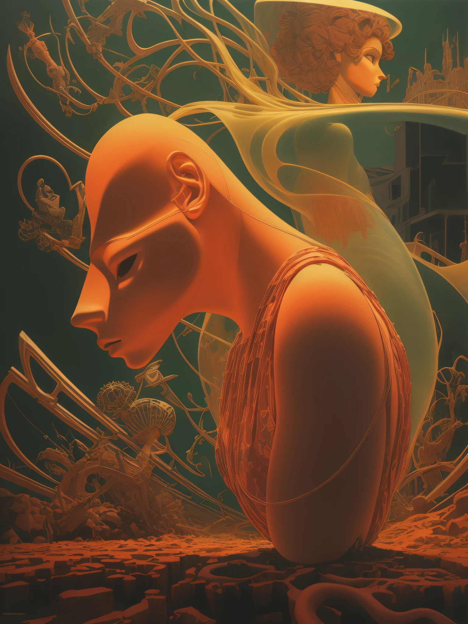 Neon coral, mannequin, thick ink oil, that runs through a polluted foggy, brutalist expressionism house, Stanislaw Szukalski, Moebius, peter elson, Alex prager, --ar 4:5 --style raw, ray tracing, anaglyph, pov, anatomically correct, award winning