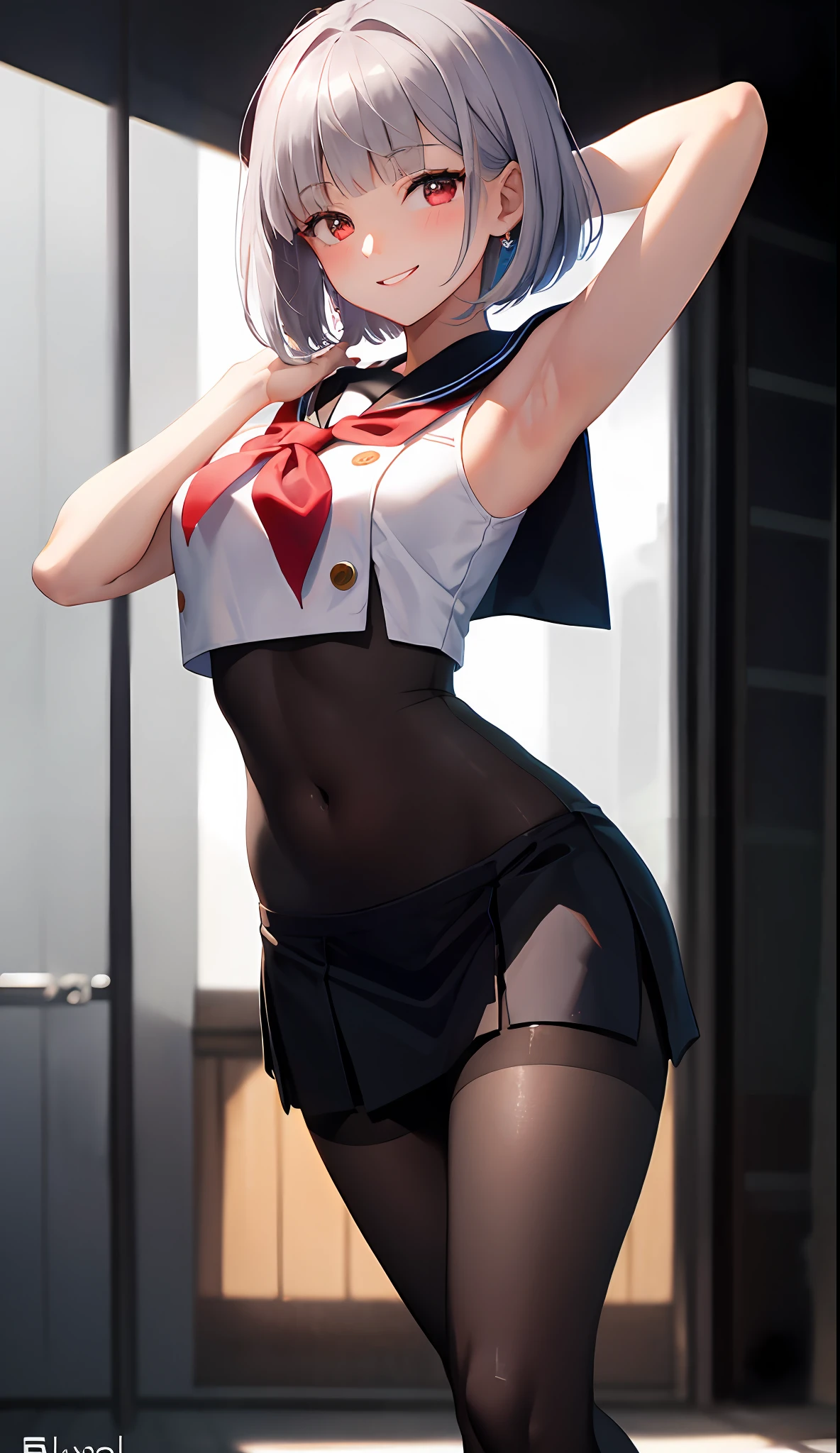 Girl in 1、A masterpie、beautiful lighting、Detailed beautiful face、Detailed beautiful eyes、a highres、Ultra-fine illustration、extremelydelicateandbeautiful、beste Quality、The whole body is shown、Feet first、(熟女:1.2), 独奏, 30s,White Skin Skin, (silver-hair, Blunt bangs ,Bob cut hair,Red eyes),, Curvaceous, (lustrous Some hair, gloss eyes, shinny skin), Laugh, smile on face, (shining skin:1.2), 、thights、arm behind head、Raise your arms、armpit、front facing、((sailor clothing)),Pichi Pichi clothes、enamel、ratex、Short skirt、a school uniform、The navel is visible、pelvic curtain、Armpits、smile on face、black thighhighs、Watch your audience、under-boobs、blushed、sweats、Jeweled、thick thigh、Parting lips、pantyhose、Blushing cheeks、tiptoes、loafers
