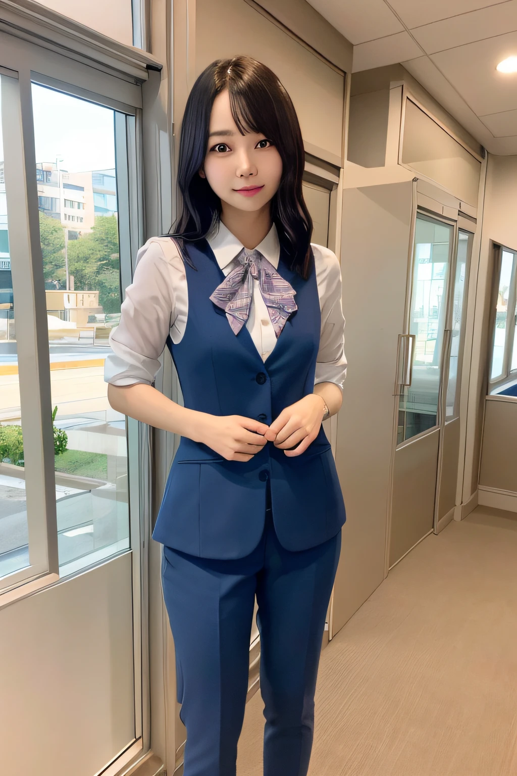 The girls1people、beginning々Shishi Woman、22years old、vests、Bow、a photo、逼真、beste Quality、((kawaii))、detailed faces、Slim body、s Office、Office Suits、Lady at the reception、Building from the window、detailed backgorund、Diffused sunlight、Depth-of-field、bokeh feeling、full full body、