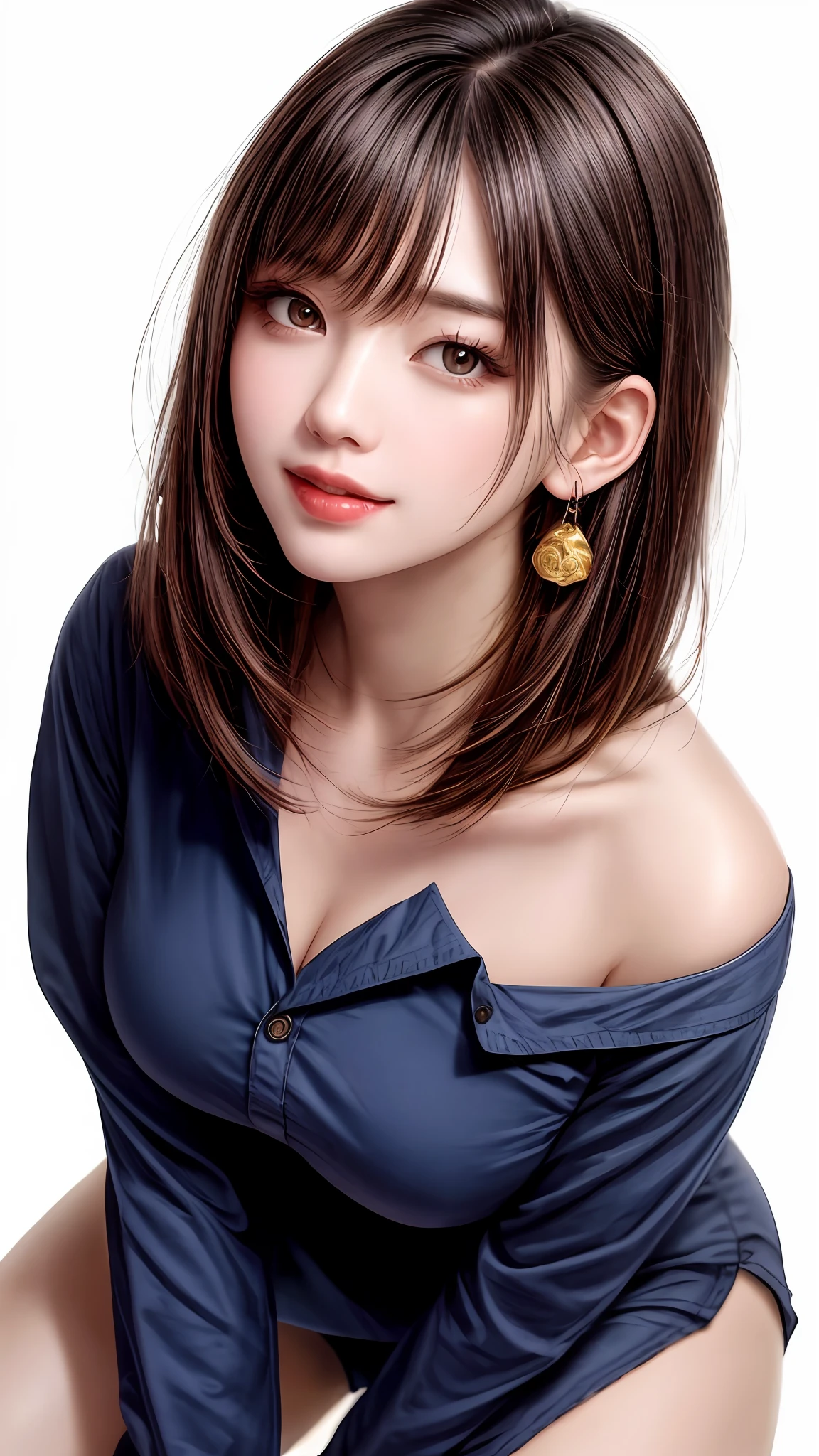 Pee (incontinence: 1.47), fashion trendy beautiful and attractive woman, gentle and attractive Chinese beautiful woman, Korean (kpop idol), delicate and sexy collarbone, attractive oval face, double eyelids, smart [peach] flower eyes, pink lips, small nose, bare shoulders, focus on face, [[face close-up], ultra high definition, super detail, White off-shoulder lace shirt, (((white lace panties), fresh and impressive, natural (large: 1.25), (kneel on the ground), (legs wide open), (legs spread), (from a low angle), (upright 1.5), (shiny skin: 1.4), (low angle)), perfect figure, areola, cleavage, armpit wrinkles, (floor urine)), (NSFW: 1.05), ( Showpiece, top quality, high precision)), one girl, (big, photorealistic: 1.4), (slightly above the camera, looking up at the camera, looking up, looking up at the camera, staring at the camera))), solo, solo, white background, snow-white background, mouth closed, happy smile, pretty black hair, short hair, big eyes, pronounced double eyelids, eyelashes, ears out, long neck, long neck, Absolute area, ((close-up of face, short hair with bangs)), 19 years old, attractive proportions, shiny skin, clean collarbone, golden ratio face, perfect face, teardrop mole, chest mole, bangs, clean bangs, beautiful bangs, lip gloss, thin lips, white skin, undressed, big breasts, small face, staring at the camera a little upwards, ((smiling a little at the camera, really nothing pure white background, very big, big big, big breasts)), ((((uniform, shirt))))