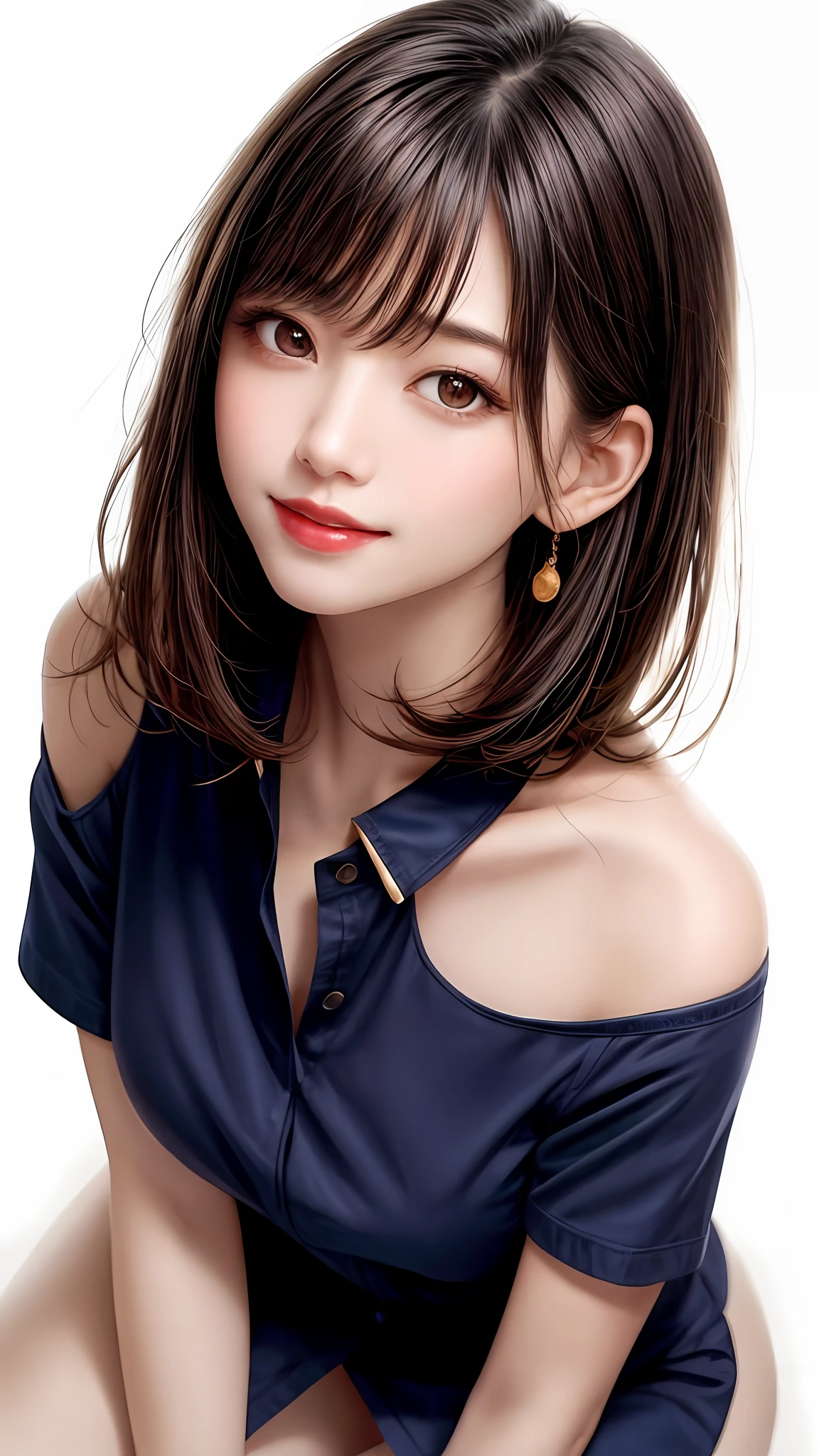 Pee (incontinence: 1.47), fashion trendy beautiful and attractive woman, gentle and attractive Chinese beautiful woman, Korean (kpop idol), delicate and sexy collarbone, attractive oval face, double eyelids, smart [peach] flower eyes, pink lips, small nose, bare shoulders, focus on face, [[face close-up], ultra high definition, super detail, White off-shoulder lace shirt, (((white lace panties), fresh and impressive, natural (large: 1.25), (kneel on the ground), (legs wide open), (legs spread), (from a low angle), (upright 1.5), (shiny skin: 1.4), (low angle)), perfect figure, areola, cleavage, armpit wrinkles, (floor urine)), (NSFW: 1.05), ( Showpiece, top quality, high precision)), one girl, (big, photorealistic: 1.4), (slightly above the camera, looking up at the camera, looking up, looking up at the camera, staring at the camera))), solo, solo, white background, snow-white background, mouth closed, happy smile, pretty black hair, short hair, big eyes, pronounced double eyelids, eyelashes, ears out, long neck, long neck, Absolute area, ((close-up of face, short hair with bangs)), 19 years old, attractive proportions, shiny skin, clean collarbone, golden ratio face, perfect face, teardrop mole, chest mole, bangs, clean bangs, beautiful bangs, lip gloss, thin lips, white skin, undressed, big breasts, small face, staring at the camera a little upwards, ((smiling a little at the camera, really nothing pure white background, very big, big big, big breasts)), ((((uniform, shirt))))