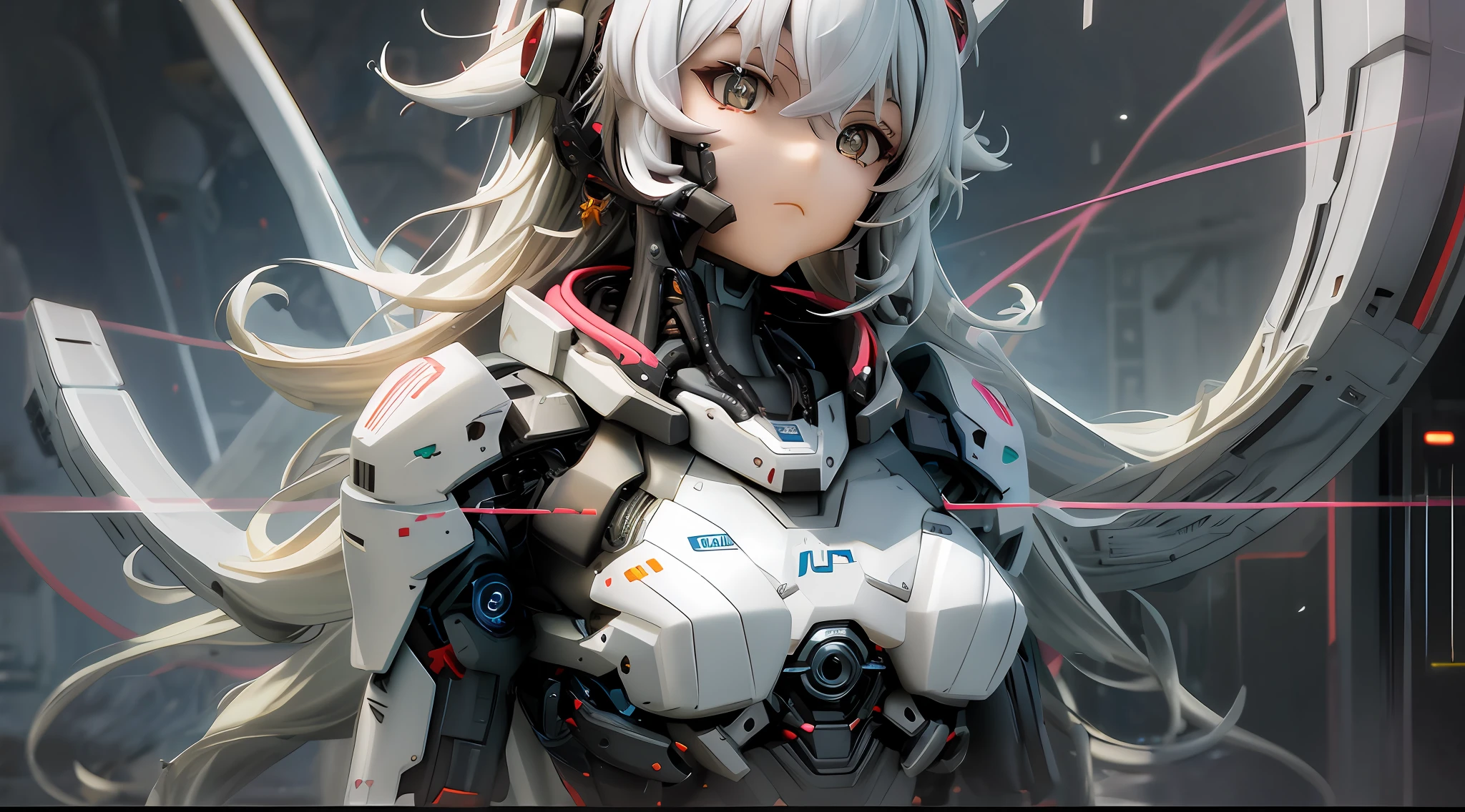 1girls, Electronic blue color, Wolf ears、 whited , color pastel、Bright atmosphere、Machine Man、White hair、Futuristic atmosphere、Despressing、White eyes、Longhaire、Exposed、the body is connected by a cable、Slender body, Upper body, headgear, machine wings, the universe, The god Machines,The god Shikai、Huge machine、Jetwing