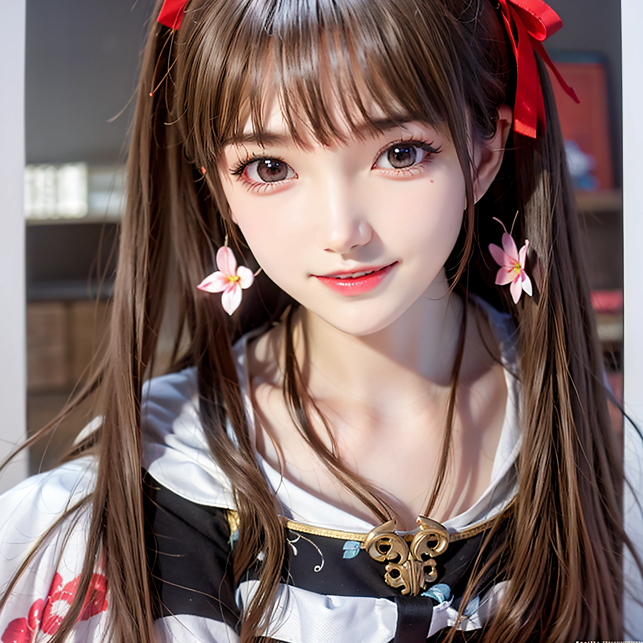 杰作，best possible quality，officlal art，extremely detailed CG Unity 8k wallpapers，1girls，独奏，realistically，Wearing makeup，high - resolution，lagre breasts，full full body，looking at the spectator，Smile with，hair bangs，naked shoulders，Brunette Big breasts，lagre breasts，，fcollarbone，crossed bangs，hair between eyes，hair ornament，hair tie，Chinese classical，Hanfu，long way hair，face mask，masks on head，sshoulder，parted lips， dark eye， ， Red ribbon， ribbons， Belt at waist， skies， 独奏， striped ribbon， taihou\（azur lane\）， twintail， very long hair， Wide sleeves， （shinyskin），（杰作：1.4），（best qulaity：1.4），