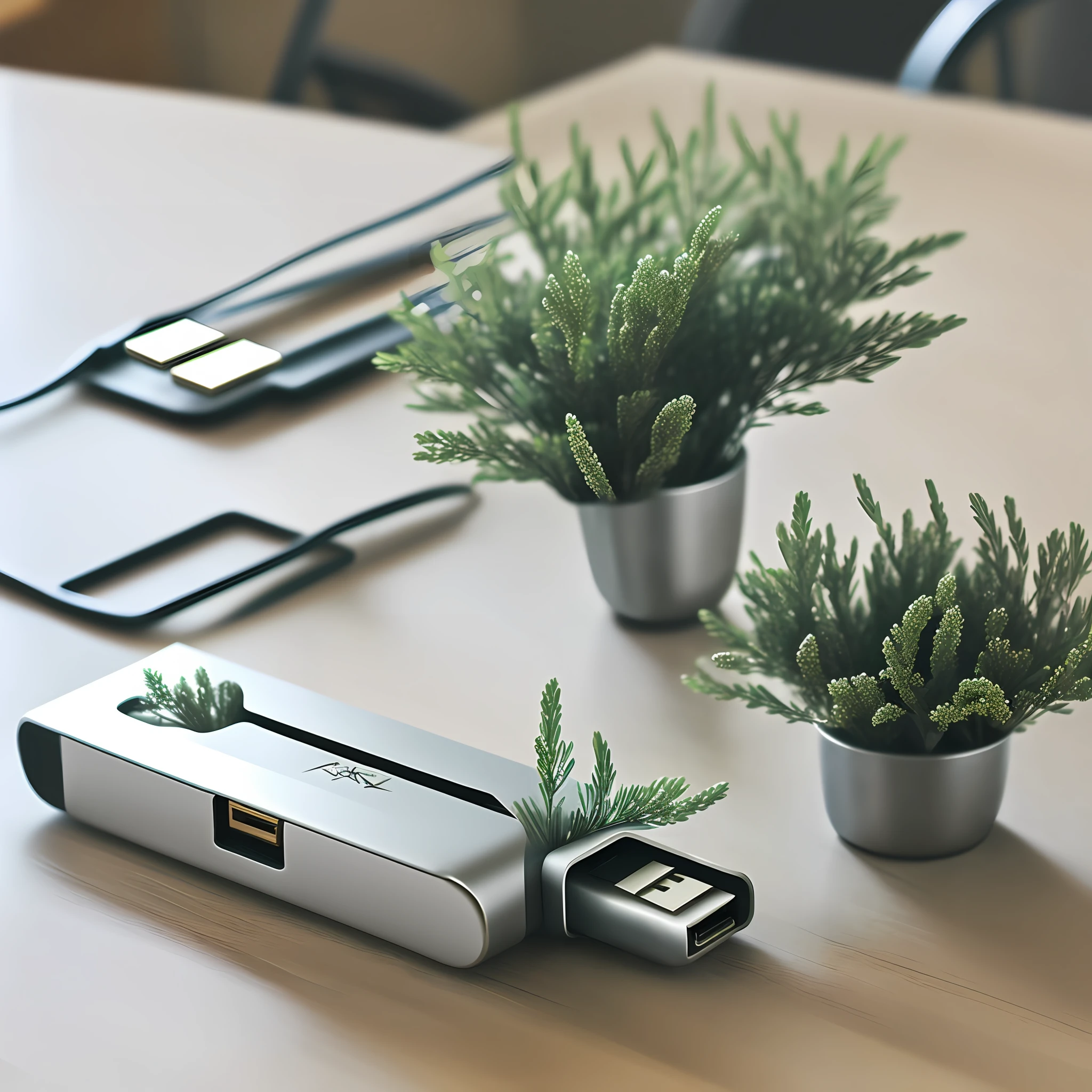 There is a metal USB stick on the table,Give it a close-up,The table top is slightly decorated with greenery。Bright style