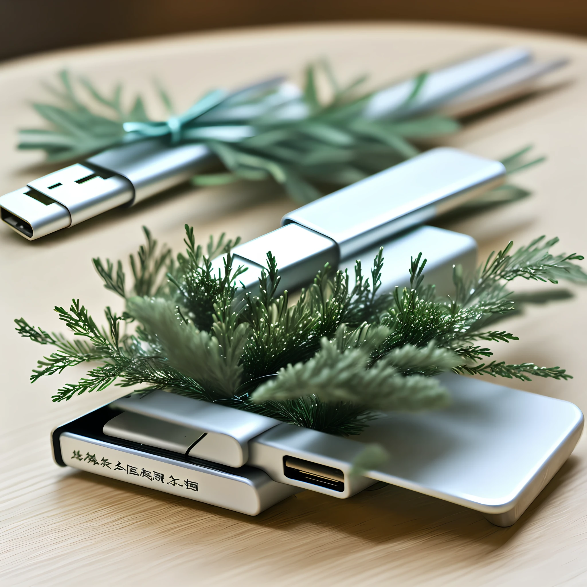 There is a metal USB stick on the table,Give it a close-up,The table top is slightly decorated with greenery。Bright style