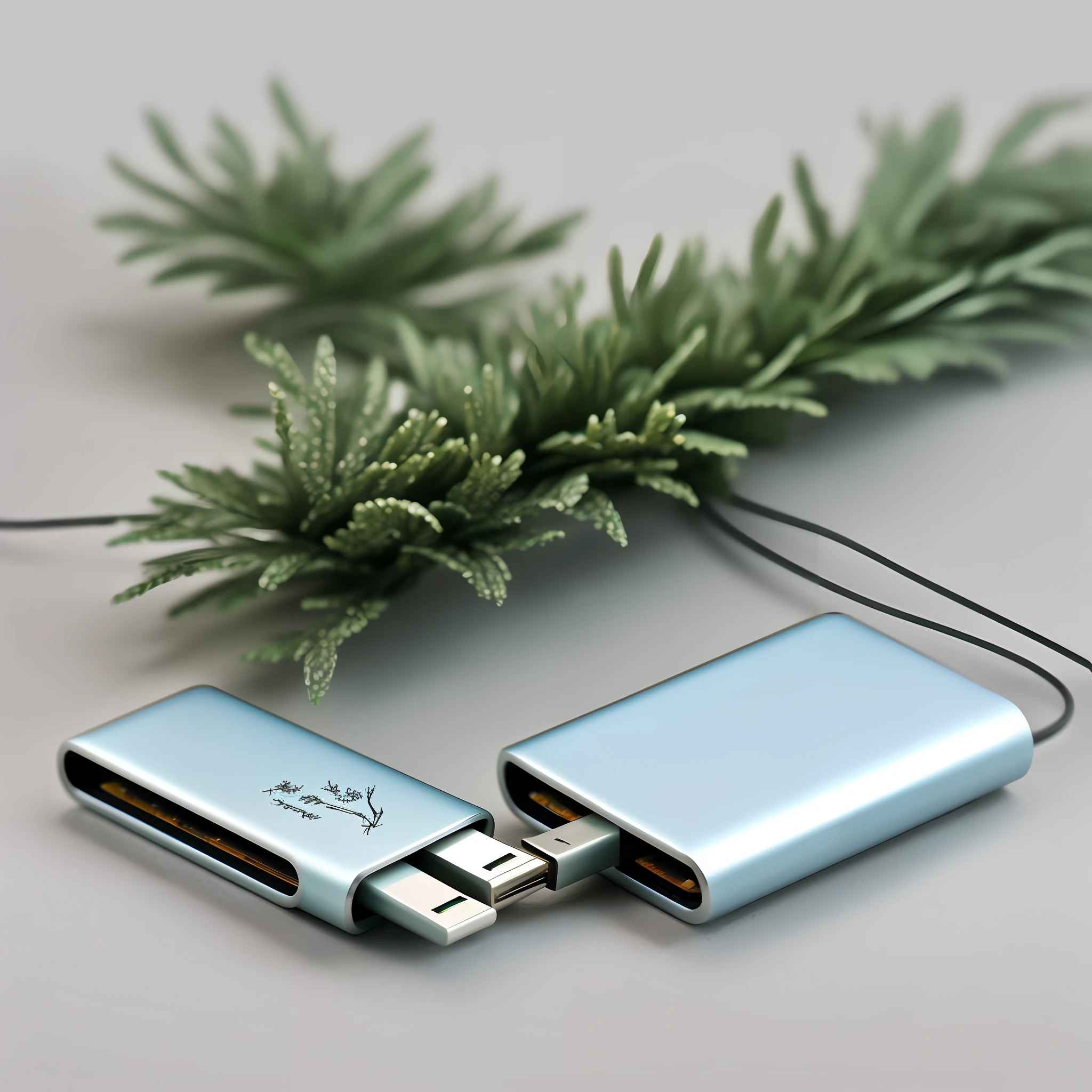 There is a metal USB stick on the table，Give it a close-up，The table top is slightly decorated with greenery。Bright style