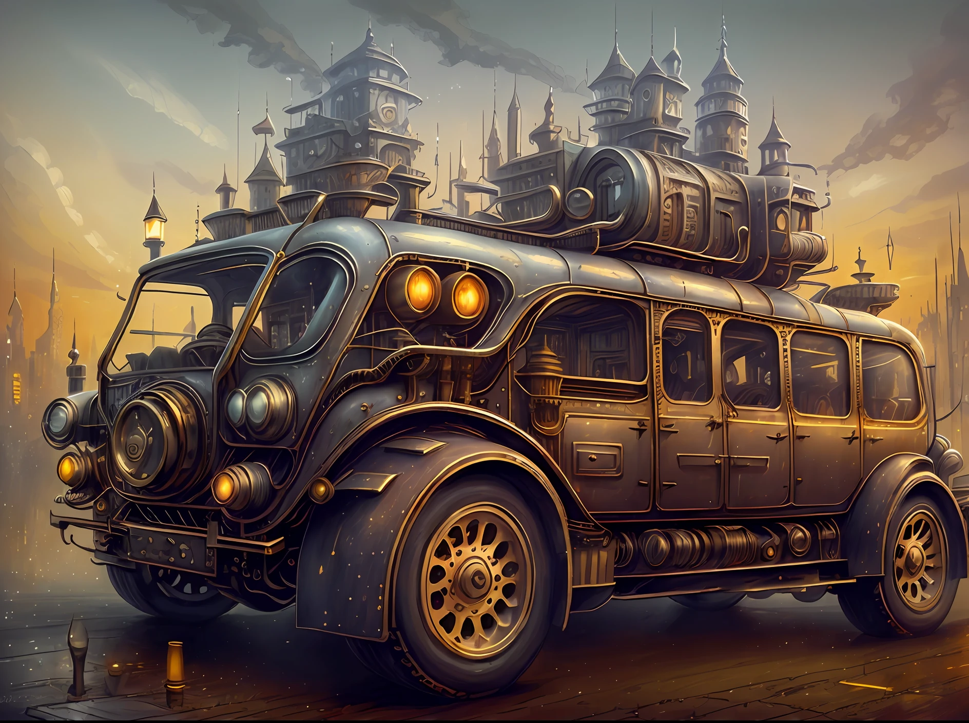 Hay una imagen de un coche a vapor en una ciudad colonial, coche steampunk, Arte digital steampunk, Arte digital steampunk, sci-fi steampunk, Colorful atmosphere s#de la ciudad steampunk, vivid steampunk concept, steampunk fantasy style, Mundo Steampunk, steampunk fantasy, Ambientado en un mundo steampunk, Golden Steampunk, Steampunk renderizado en 3D, steampunk design, en Steampunk Cityscape, Hovercar solarpunk