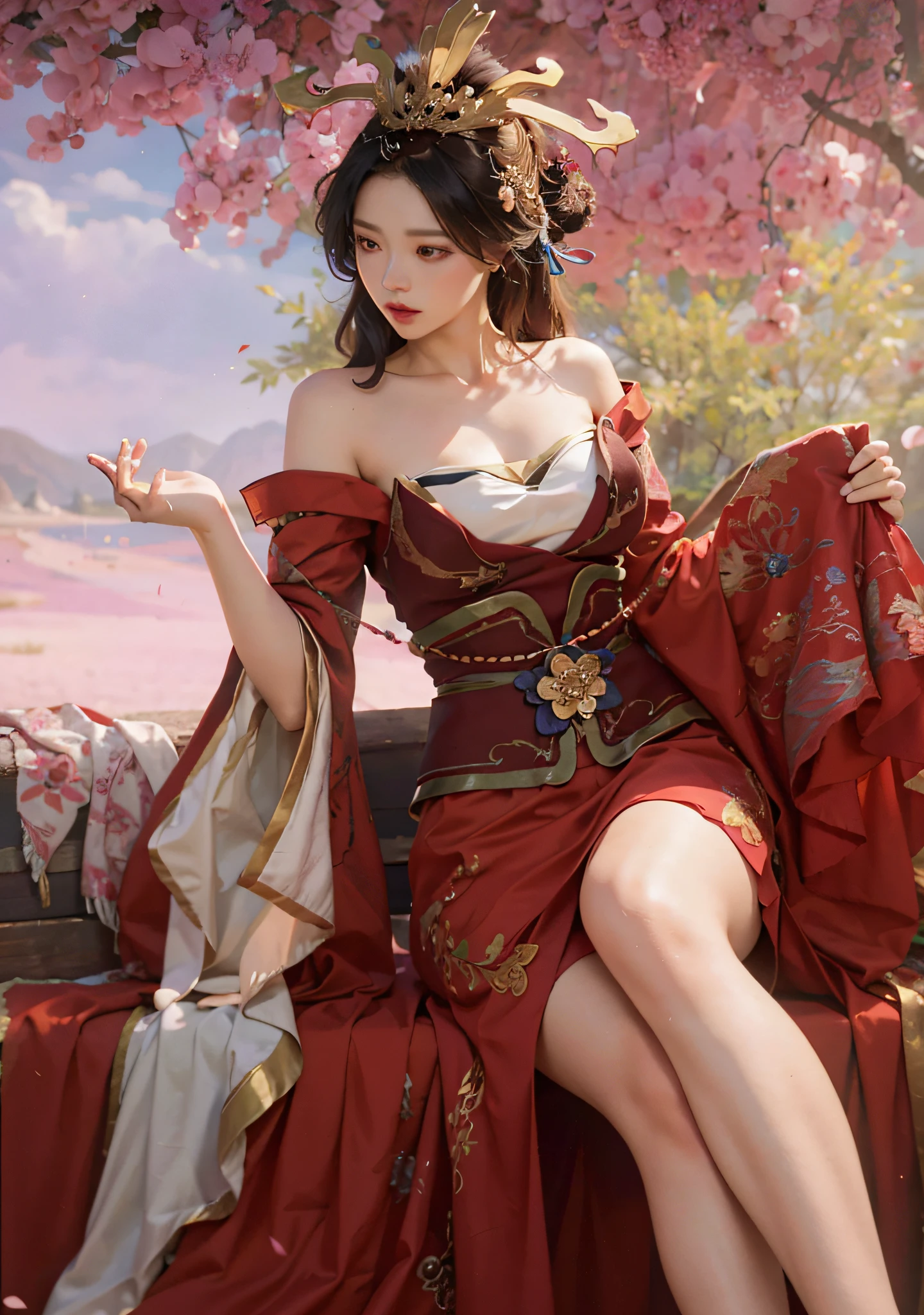 Superb Beauty, Masterpiece, High Resolution, (Exquisite Body: 1.5), Beauty, Extra  (2.5) Wide , Thin Waist, Stunning Beauty, (Milky Skin: 1.3), Exquisite Details, High Resolution, Wallpaper, 1 Female, Solo, Dress, Hair Accessories, (((Golden Purple Skirt)) ), Flower, Long Hair, Brown Hair, Shut Up, Accessories, Long Sleeves, Raised Hands, Wide Sleeves, Big Eyes, Flowing Hair, Hanfu, Hanfu, Embroidery, Long Dress, Natural Pose, Falling Petals, Indoor, Fanning, Lantern, 16K, HDR, High Resolution, Depth of field, (Film grain: 1.1), Bocon, Primetime, (lens flare), vignette, rainbow, (color grading: 1.5)