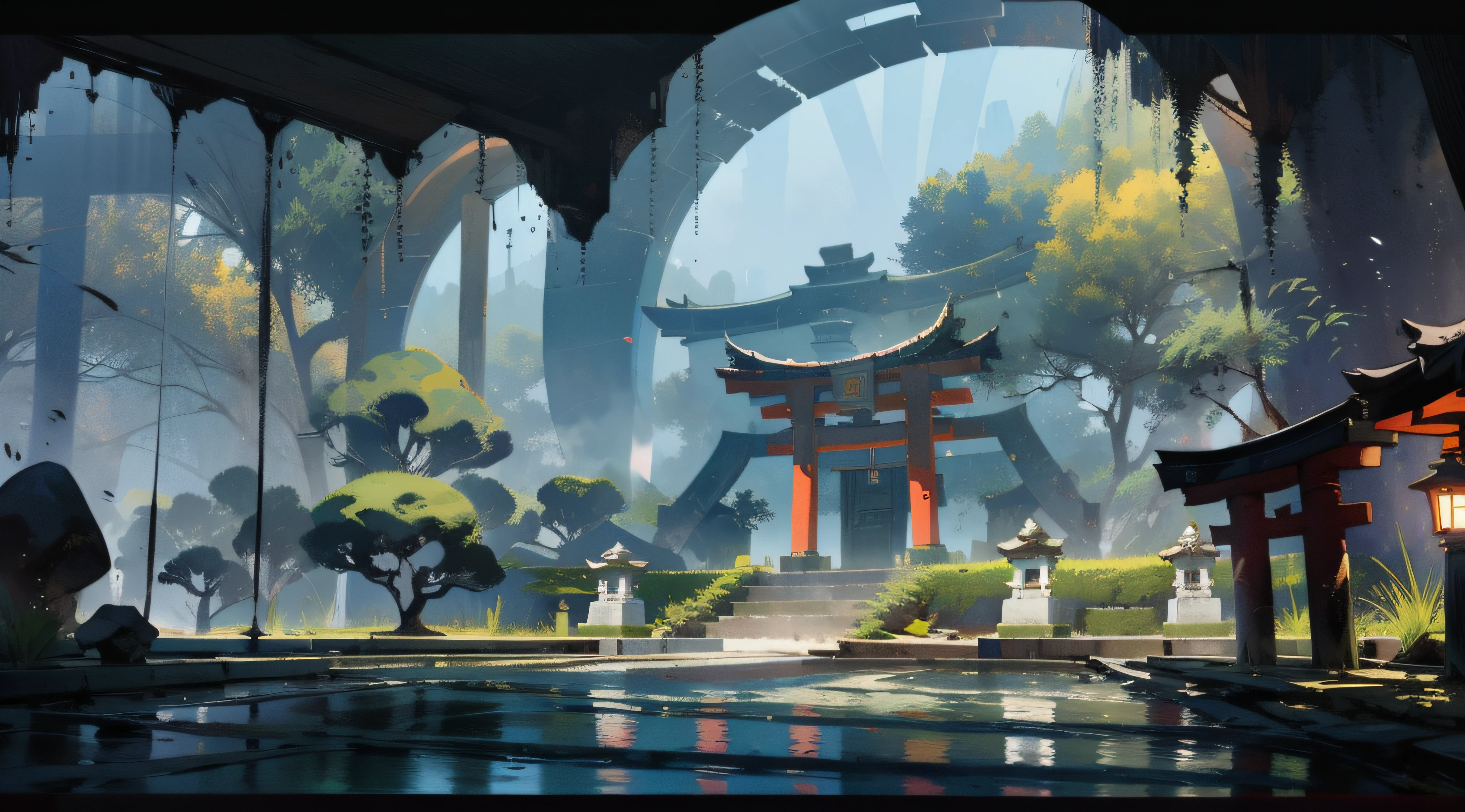 （Ancient Japanese shrine design），（Cobblestone road，porch，Torii，Stone lanterns，Depth，symmetrical design），（wood planks，Bonsai，vase，massive trees，Shrine，florals，ponds，courtyard，waterwheels），abundant detail，Ancient Japanese Showa style，Quiet and elegant atmosphere，Cool tones are the keynote，Delicate and soft painting style，Cinematic lighting effects，HD picture quality，Gentle light，Tyndall effect，dreamlike，abundant detail，Refer to Gu Kaizhi，32K