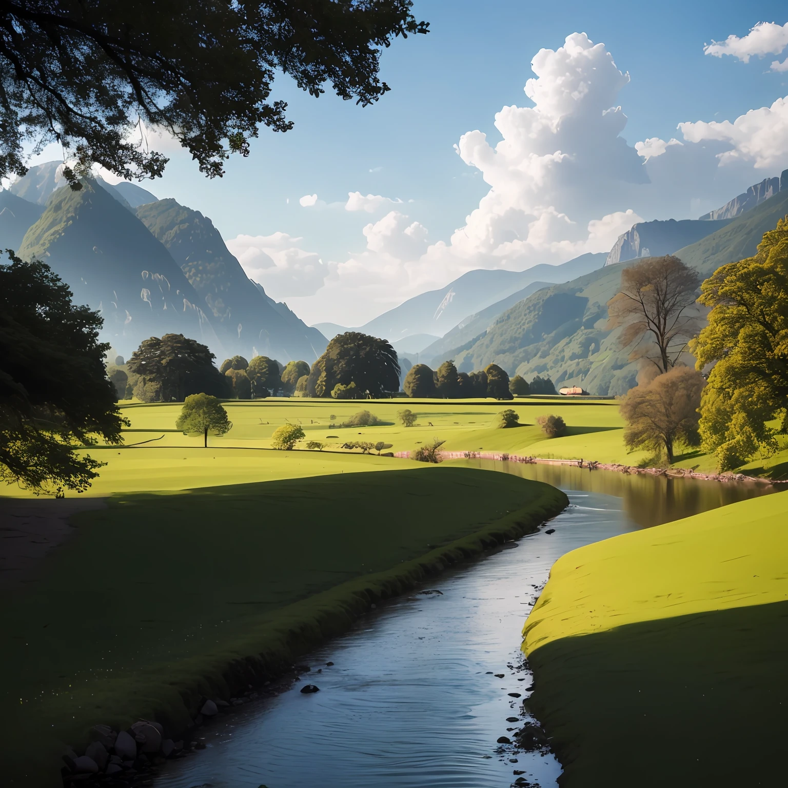 there is a stream running through a lush green field next to a mountain, lovely valley, majestic nature scenery, lush valley, scenic landscape, lush scenery, switzerland, author:Franz Hergi, landscape scenery, very beautiful scenery, lush scenery, overlooking river aufidius italy, scenic view, a beautiful landscape, very very beautiful scenery, valley, an amazing landscape image