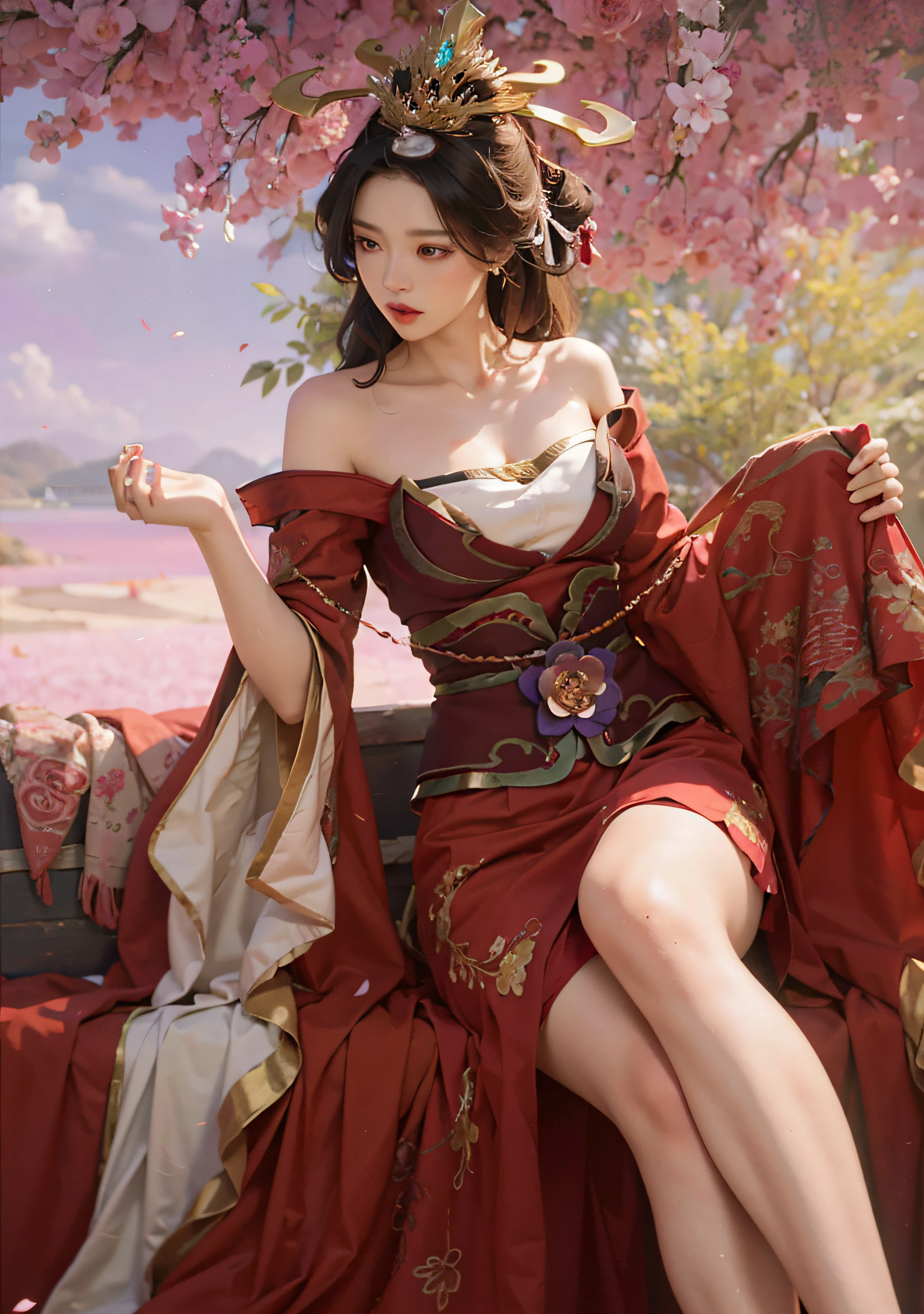 Superb Beauty, Masterpiece, High Resolution, (Exquisite Body: 1.5), Beauty, Extra Large Breasts (2.5) Wide Buttocks, Thin Waist, Stunning Beauty, (Milky Skin: 1.3), Exquisite Details, High Resolution, Wallpaper, 1 Female, Solo, Dress, Hair Accessories, (((Golden Purple Skirt)) ), Flower, Long Hair, Brown Hair, Shut Up, Accessories, Long Sleeves, Raised Hands, Wide Sleeves, Big Eyes, Flowing Hair, Hanfu, Hanfu, Embroidery, Long Dress, Natural Pose, Falling Petals, Indoor, Fanning, Lantern, 16K, HDR, High Resolution, Depth of field, (Film grain: 1.1), Bocon, Primetime, (lens flare), vignette, rainbow, (color grading: 1.5)