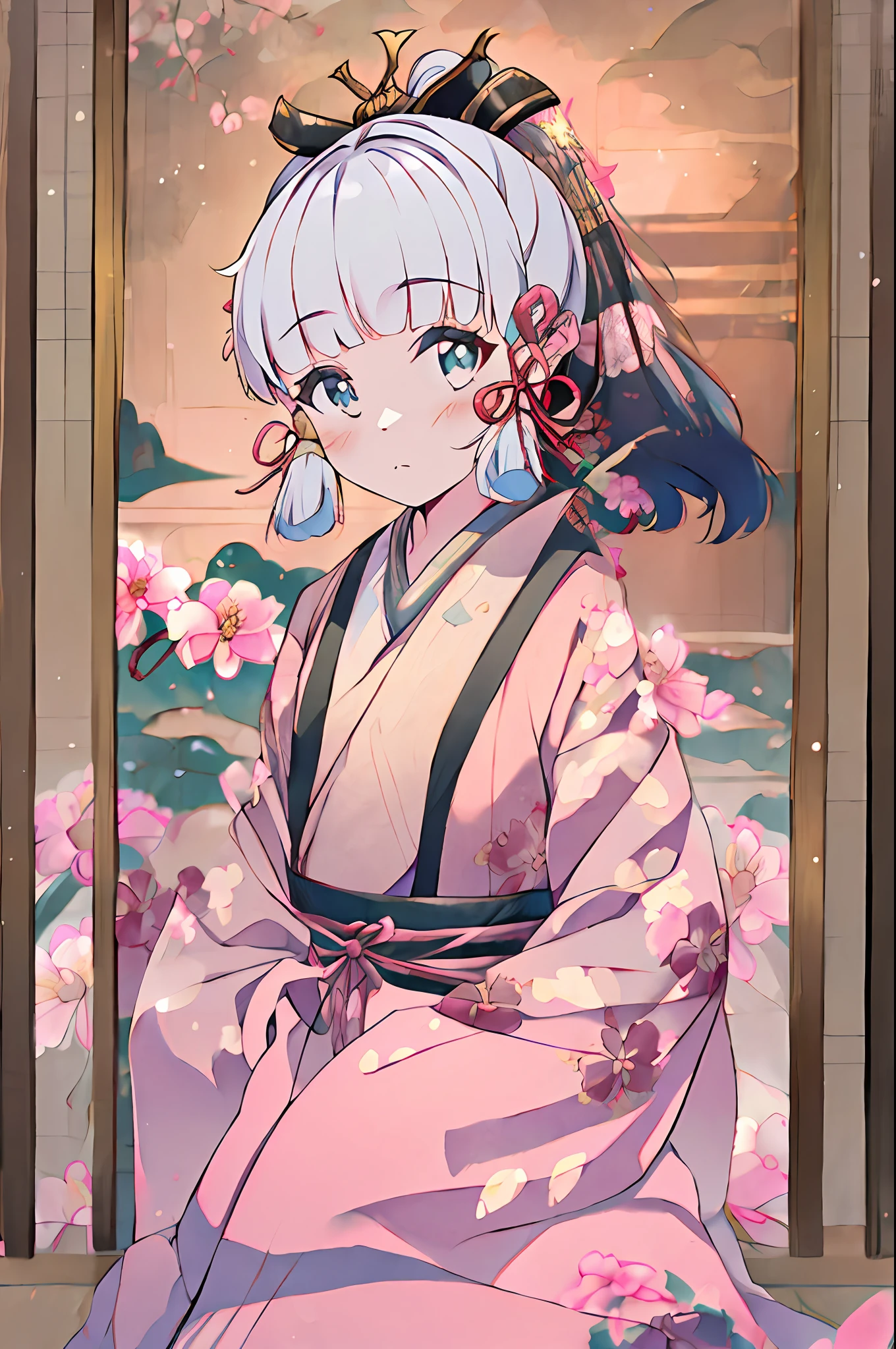 in kimono,(whitehair,Qi bangs:1.1),long way hair,(Melon seed face,loli face:1.1),(Peach blossom eyes:1.1),kamisato ayaka,(The painting style is cute:1.1),Ayaka,kamisato ayaka,view from distance