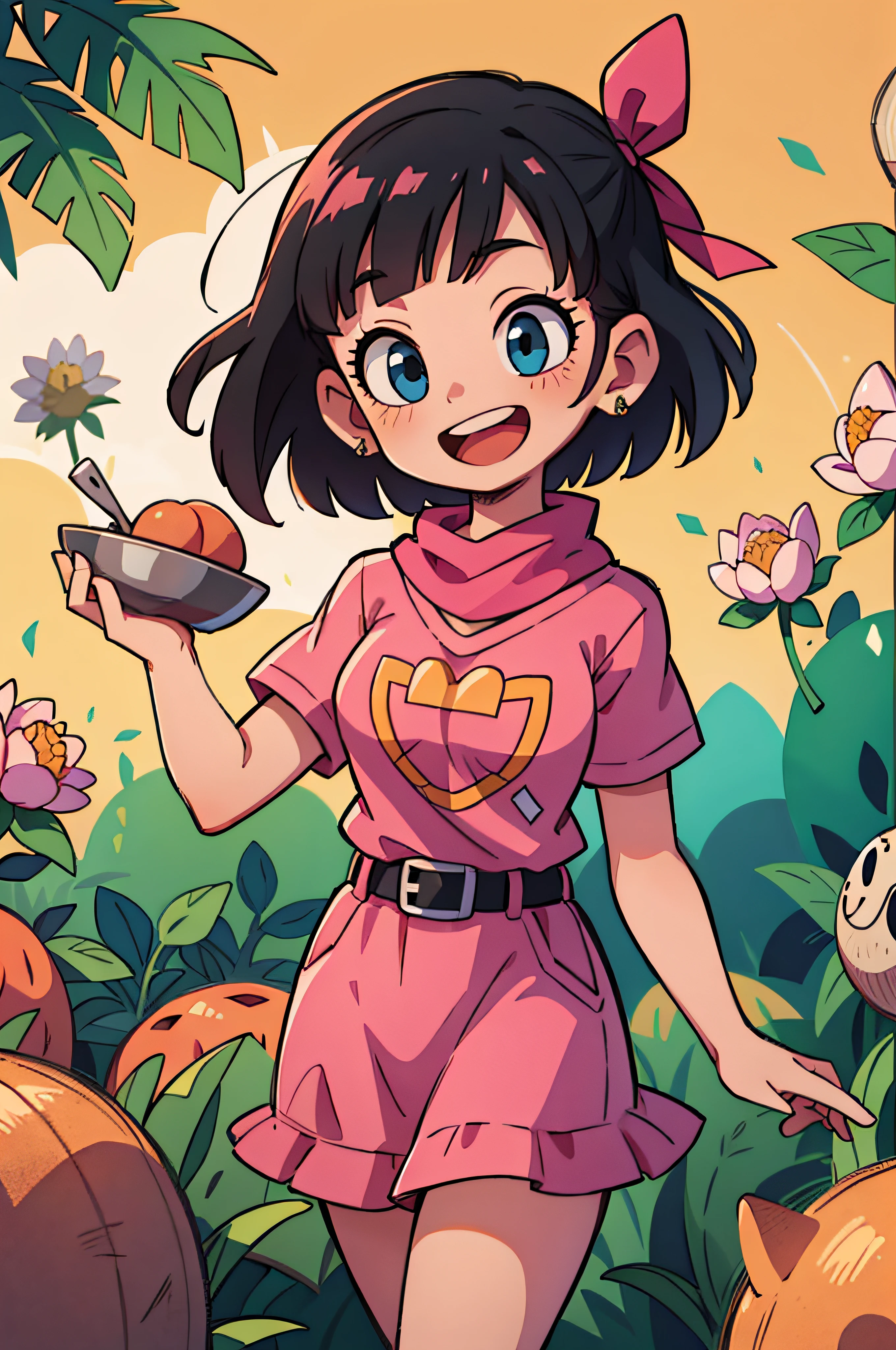 There are peach patterns on the clothes,black hair, hair ribbon, Bowl cut, pink shirt, belt, scarf, pink skirt, clothes writing,smile, open mouth