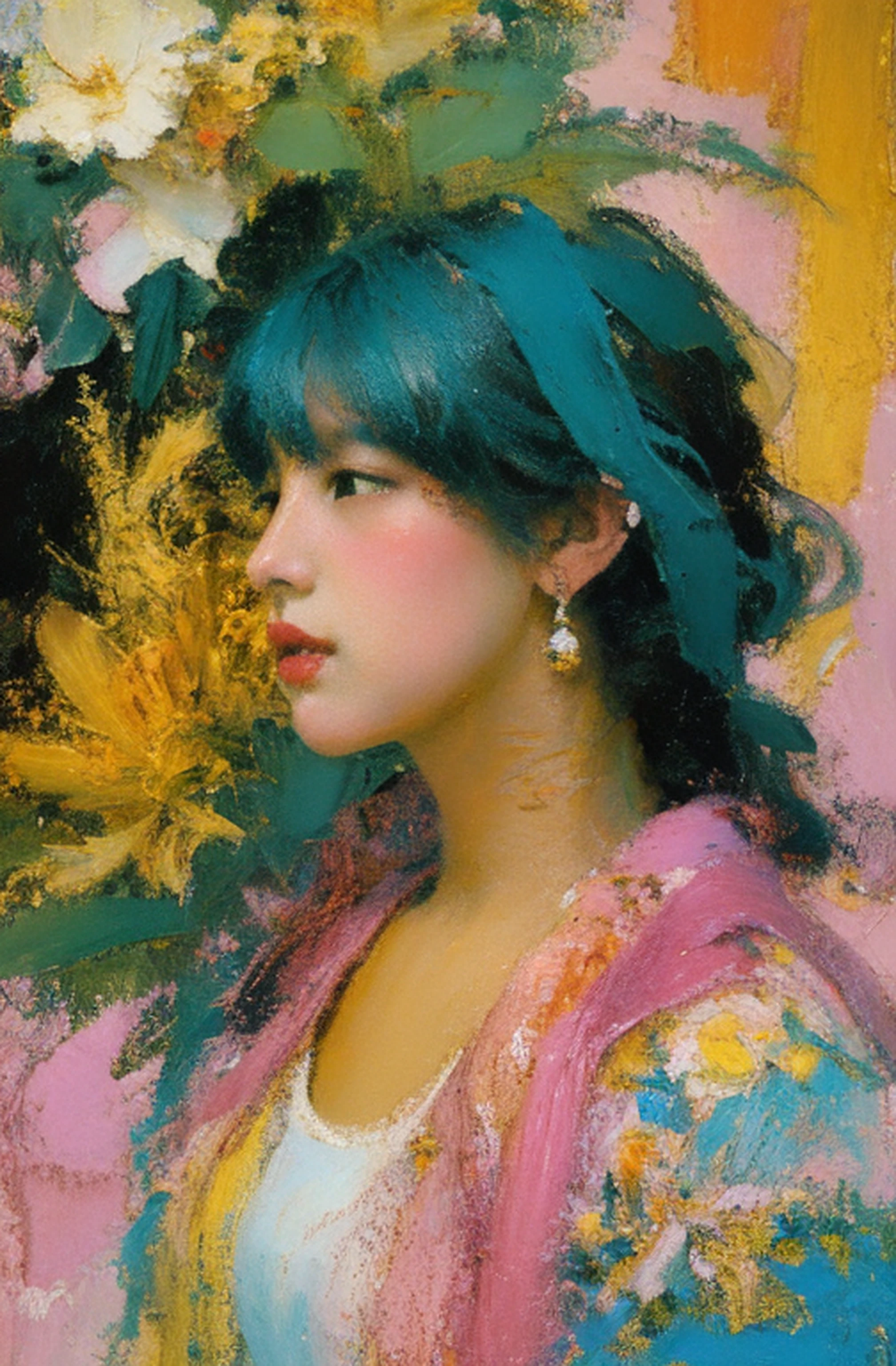 turquoise pink and yellow, inspired by LeRoy Neiman, pastel style painting, impressionist style painting, inspired by James Ryman, expressive impressionist style, trending artistic art, pastel artwork, inspired by Yanjun Cheng, Painted in oil, artistic drawing, impressionism style, oil painting with brushstrokes, painterly style