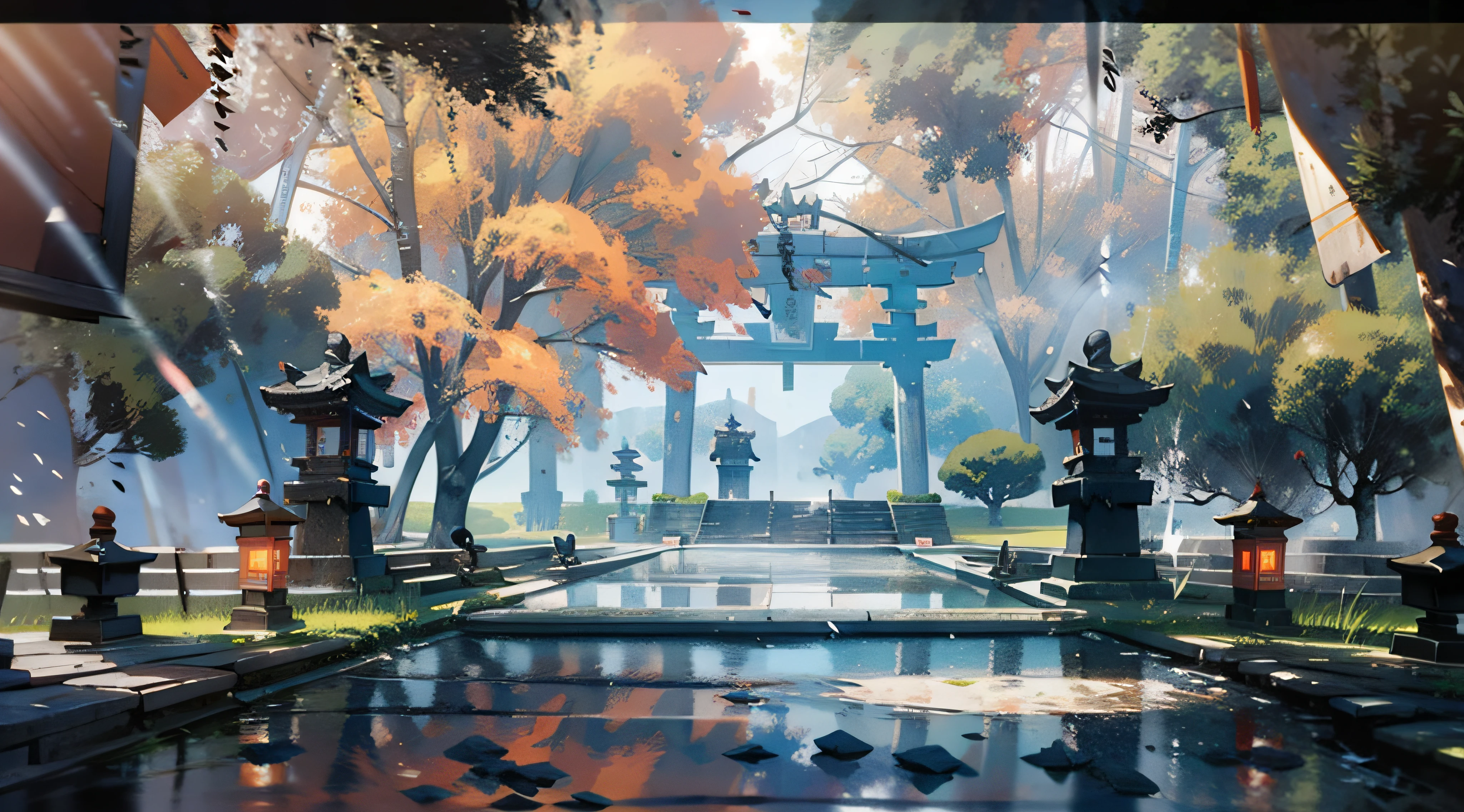 (Ancient Japanese shrine design),(Cobblestone road,porch,Torii,Stone lanterns,Depth,symmetrical design),(wood planks,Bonsai,vase,massive trees,Shrine,florals,ponds,courtyard,waterwheels),abundant detail,Ancient Japanese Showa style,Quiet and elegant atmosphere,Cool tones are the keynote,Delicate and soft painting style,Cinematic lighting effects,HD picture quality,Gentle light,Tyndall effect,dreamlike,abundant detail,Refer to Gu Kaizhi,32K