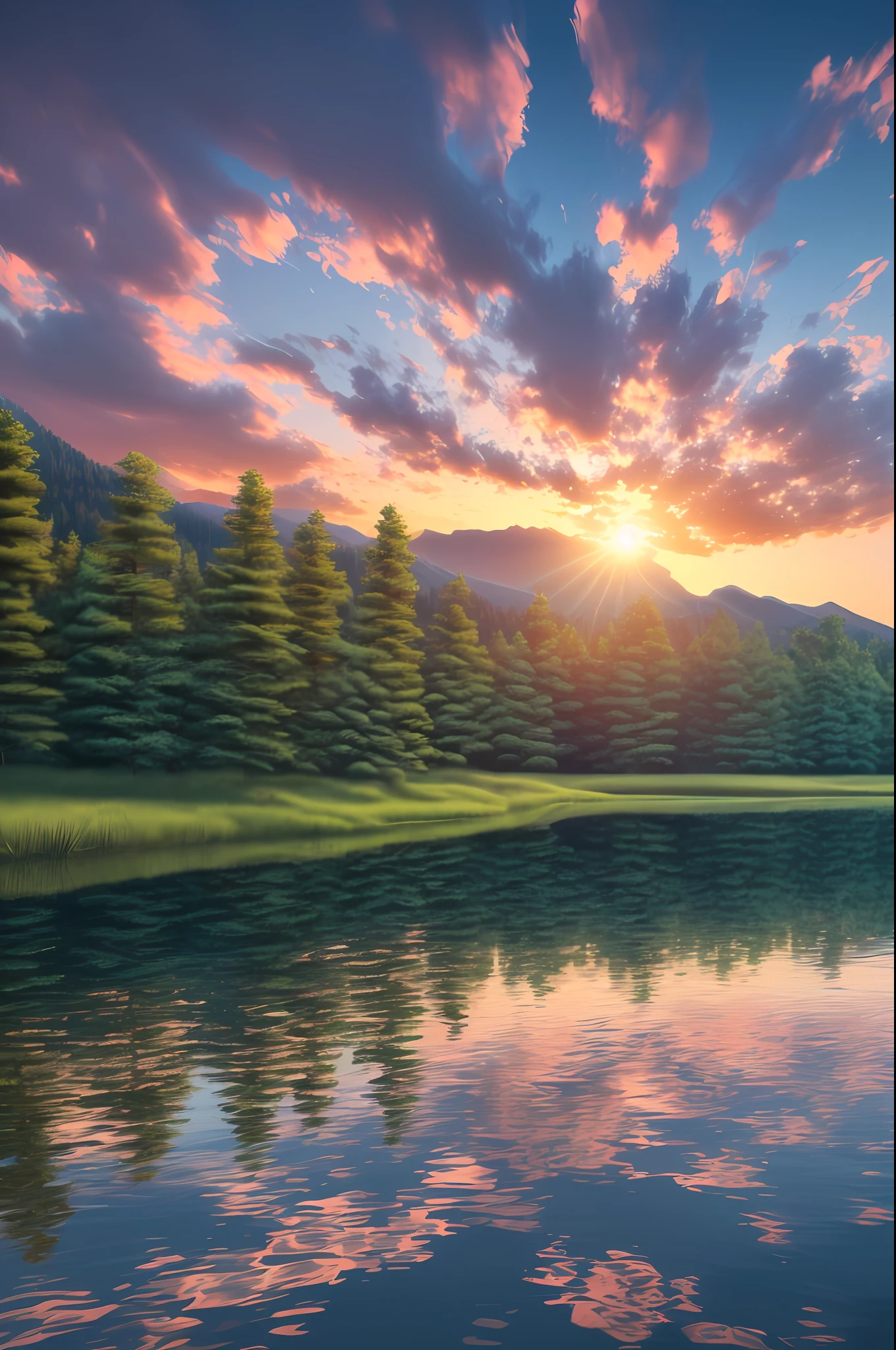 wallpaper, summer, lake, dawn, forest, detailed forest, clouds, masterpiece, cinematic, soft light, depth of field, ray tracing, reflection in water, realism, ulra detailed,
