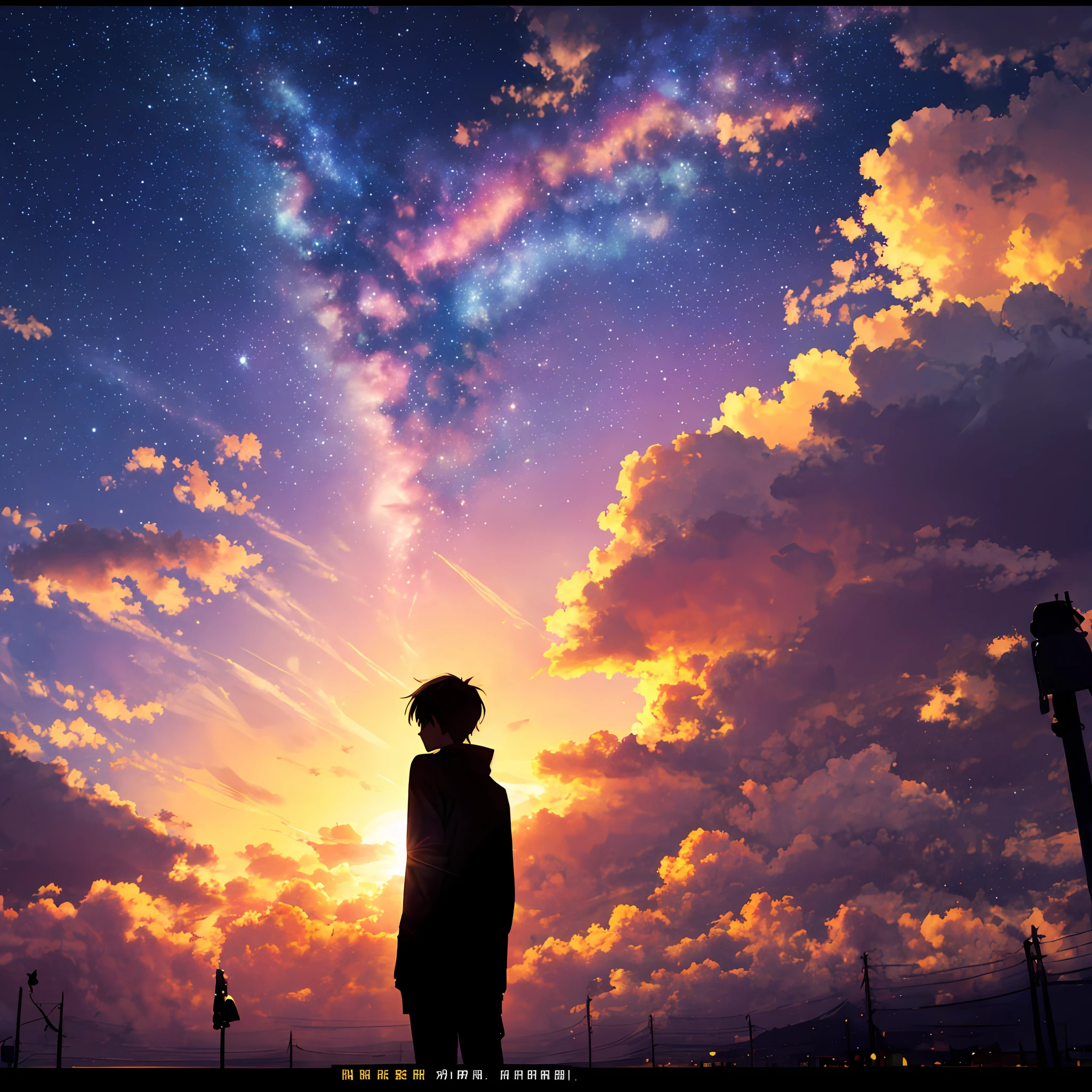 beautiful sunset with galaxies, a silhouette of a man in the distance. --auto