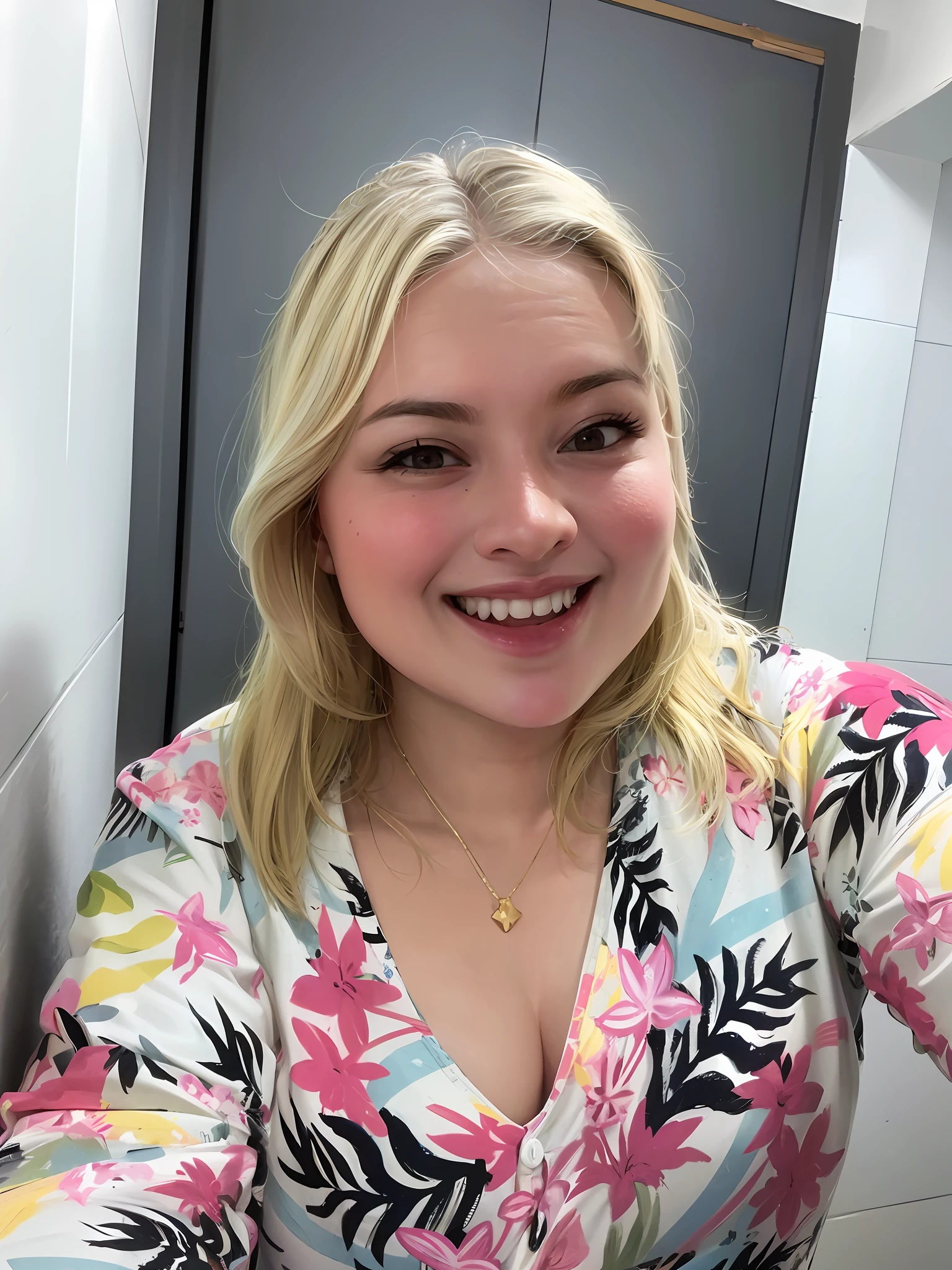mulher loira sorridente em uma camisa floral tirando uma selfie, selfie de uma jovem mulher, Fotografia selfie 8k, cheeky smile with red lips, foto headshot, foto do snapchat, Holly Bruce, foto de perfil headshot, happily smiling at the camera, Laura Watson, Madalena Andersson, bochechas rosadas, Tiro de glamour, selfie shot straight on angle, imagem profissional, com maquiagem profissional