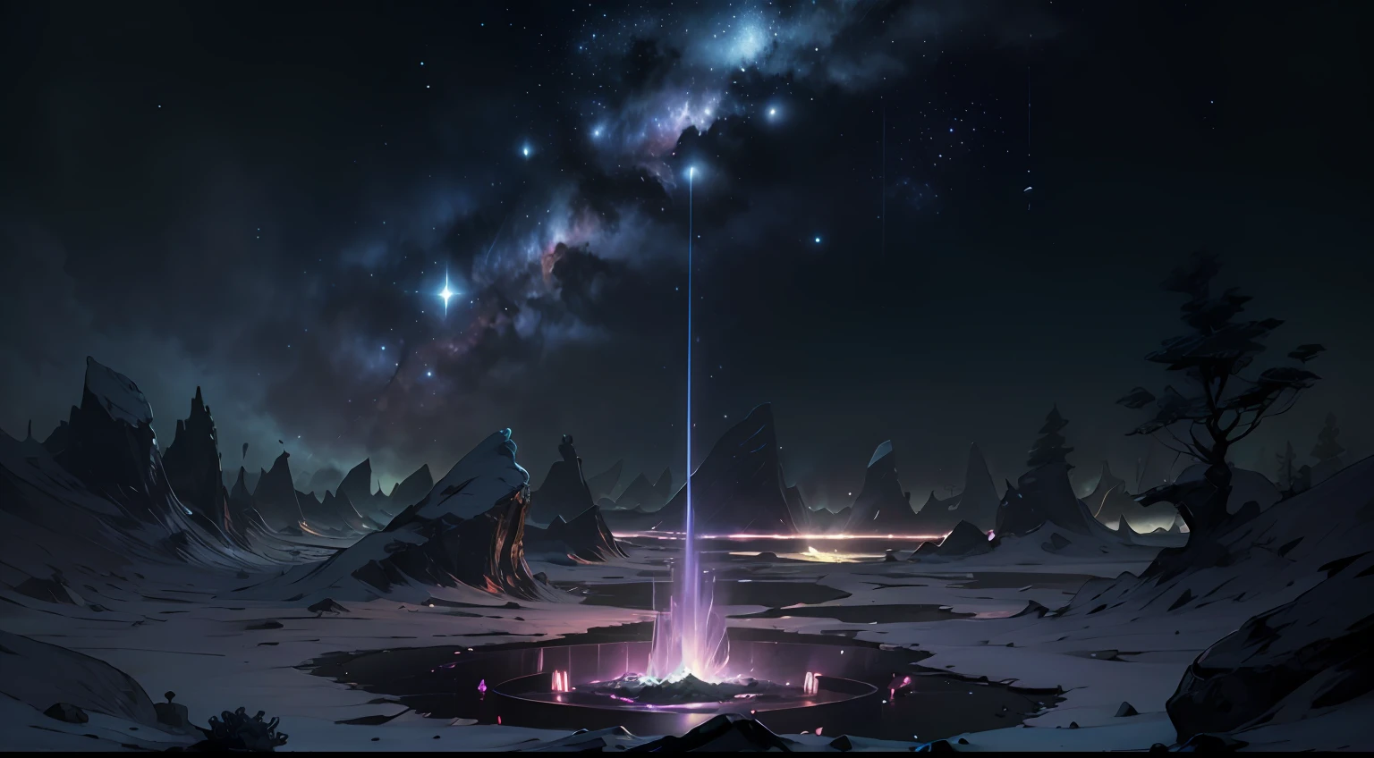 fotografia de paisagem expansiva, (a view from below that shows the sky above and the open field below), (lua cheia: 1.2), (estrelas cadentes: 0.9), (nebulosa: 1.3), montanha distante , BREAK tree production art, (fonte de luz quente: 1.2), (Firefly: 1.2), lamp, muito roxo e laranja, detalhes complexos, BREAK volumetric lighting (obra-prima: 1.2), (melhor qualidade), 4k, ultradetalhado , (dynamic compositing: 1.4), detalhes coloridos altamente detalhados (cores iridescentes: 1.2), (Glow lighting, Atmospheric Illumination), sonhador, magica, (solo: 1.2) --auto