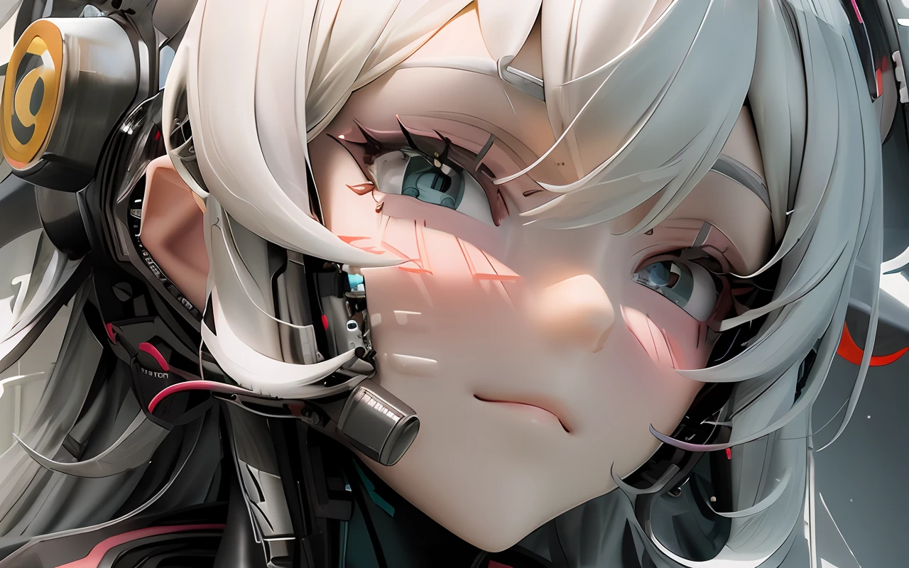 1girls, Electronic blue color, Wolf ears、 whited , color pastel、Bright atmosphere、Machine Man、White hair、Futuristic atmosphere、Despressing、White eyes、Erotic face、Staring at me