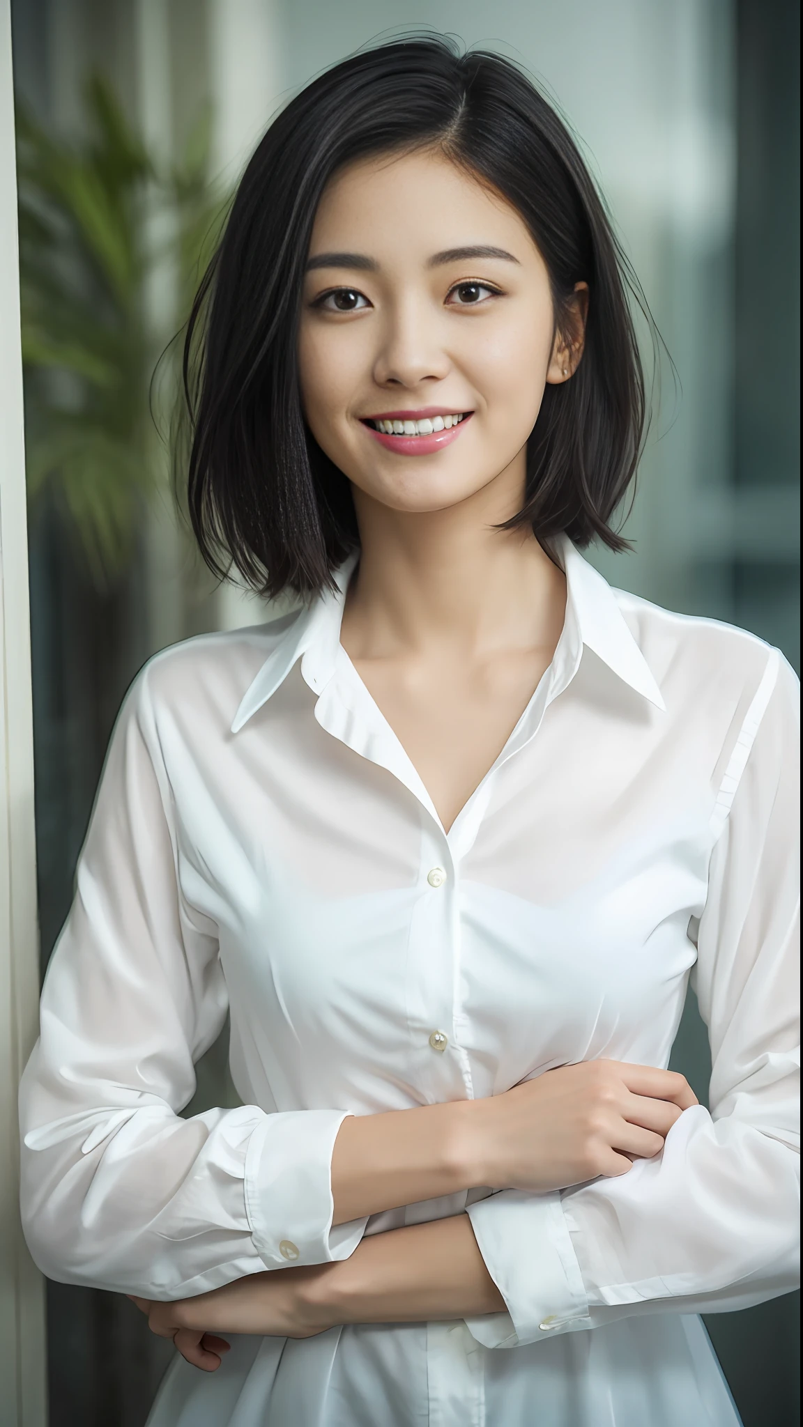 (masterpiece:1.3), (8k, photorealistic, RAW photo, best quality: 1.4), japanese, (1girl), beautiful face, (realistic face), (black hair, short hair:1.3), beautiful hairstyle, realistic eyes, beautiful detailed eyes, (realistic skin), beautiful skin, attractive, ultra high res, ultra realistic, highly detailed, golden ratio, (detaled face:1.2),looking at viewer,smile,open white shirt,medium breasts,standing,hand on hip