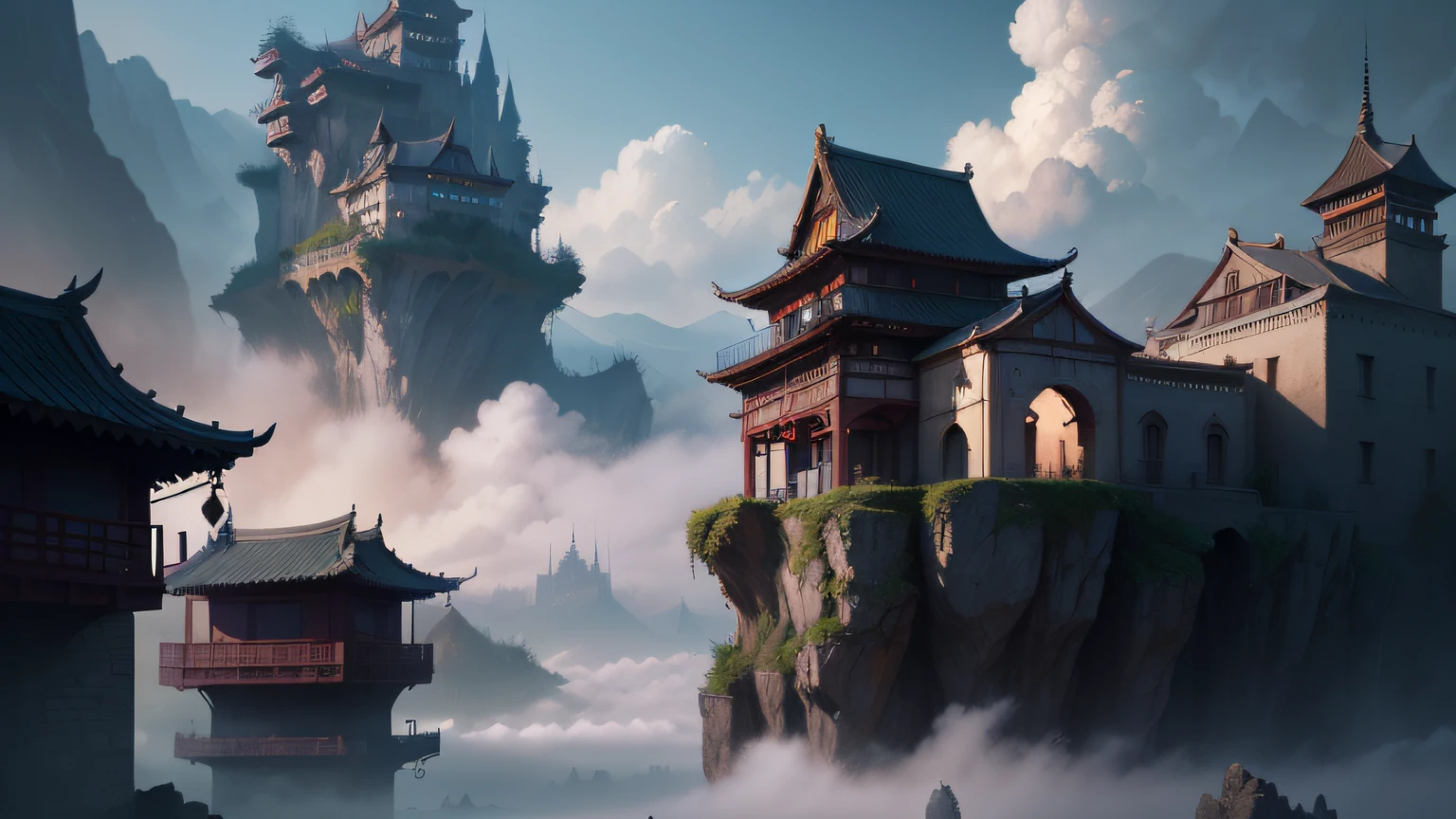 Alafid view of the mountain,There is a castle in the middle, a matte painting by Fan Qi, cgsociety contest winner, Fantasy art, dreamy Chinese towns, cyberpunk chinese ancient castle, floating city on clouds, high quality matte painting, in style of james paick, chinese fantasy, andreas rocha style, matte painting in fantasy style, exquisite matte painting --auto