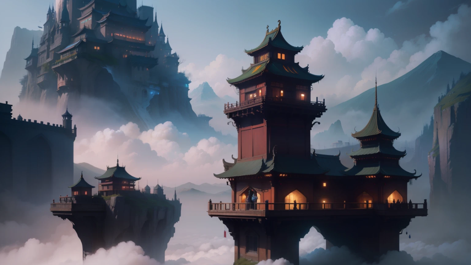 Alafid view of the mountain,There is a castle in the middle, a matte painting by Fan Qi, cgsociety contest winner, Fantasy art, dreamy Chinese towns, cyberpunk chinese ancient castle, floating city on clouds, high quality matte painting, in style of james paick, chinese fantasy, andreas rocha style, matte painting in fantasy style, exquisite matte painting --auto