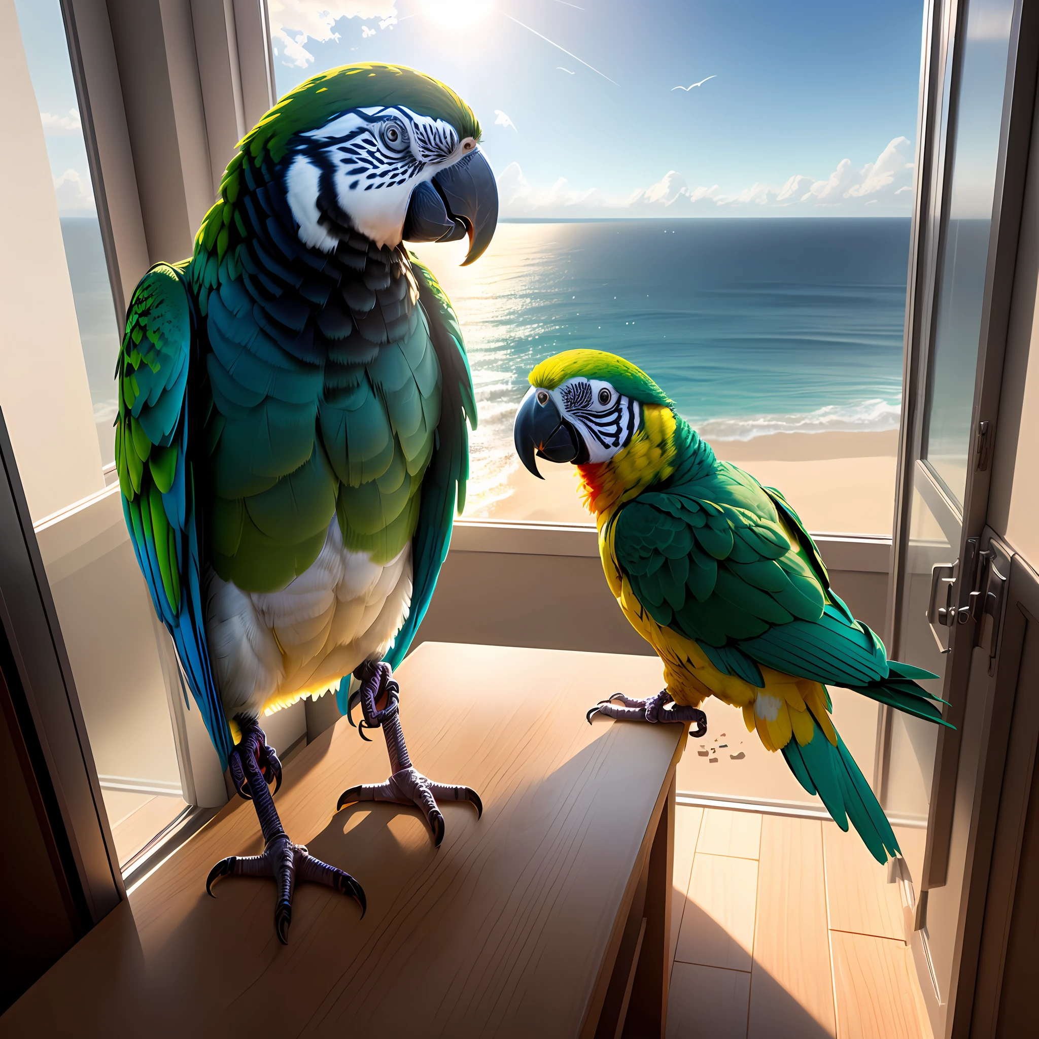 A parrot，Hyper-real，reality，Photorealistic rendering，Bright colors，meticulous，Best quality，Ultra HDR，Background with window，Seeing the sea from the window，Morning light，There are sun umbrellas，Sun exposure，photonmapping