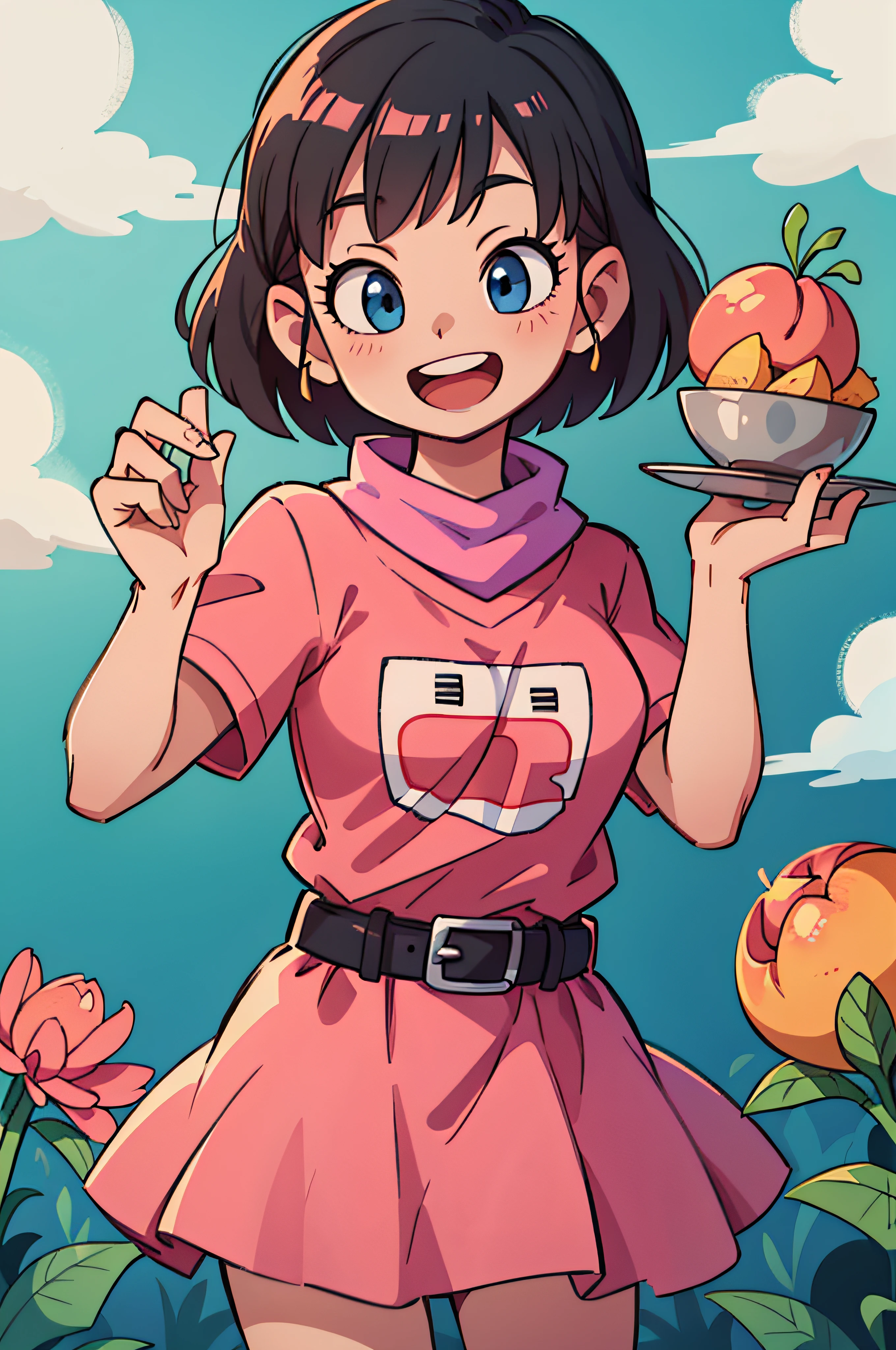 There are peach patterns on the clothes，black hair, hair ribbon, Bowl cut, pink shirt, belt, scarf, pink skirt, clothes writing,smile, open mouth