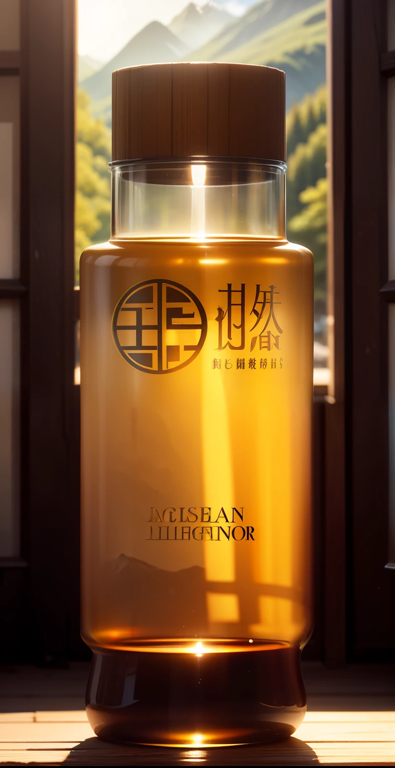 A clear glass container cylinder cosmetic products,lakes,glorious sunlight,lakes,glareing,The lighting,Forests and mountains in the distance,OriginalPhotographs,