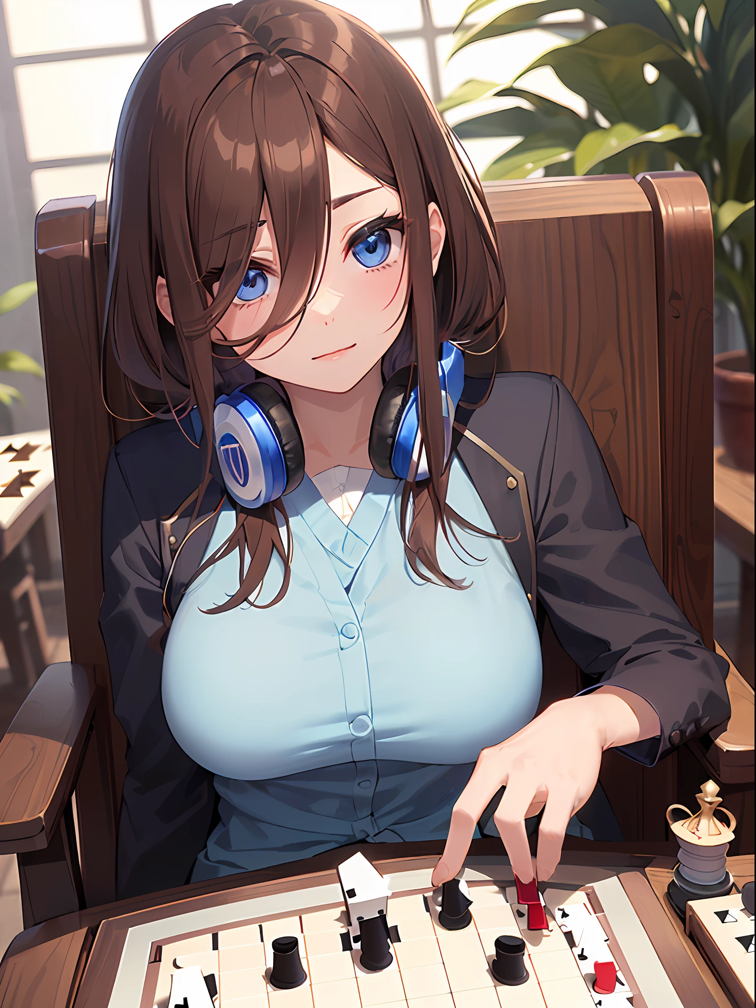 (chica anime),((((((chica sentada en una silla con una mesa con un tablero de ajedrez)))))), ((ajedrez)), ojos azules, ((peliroja)),((((((tablero de ajedrez)))))), (((brown hair))),anime,sexy, crimson red,((((piezas blancas y negras)))), negro y blanco ajedrez,((piezas de ajedrez)), chica anime, seductora, ((Miku nakano))