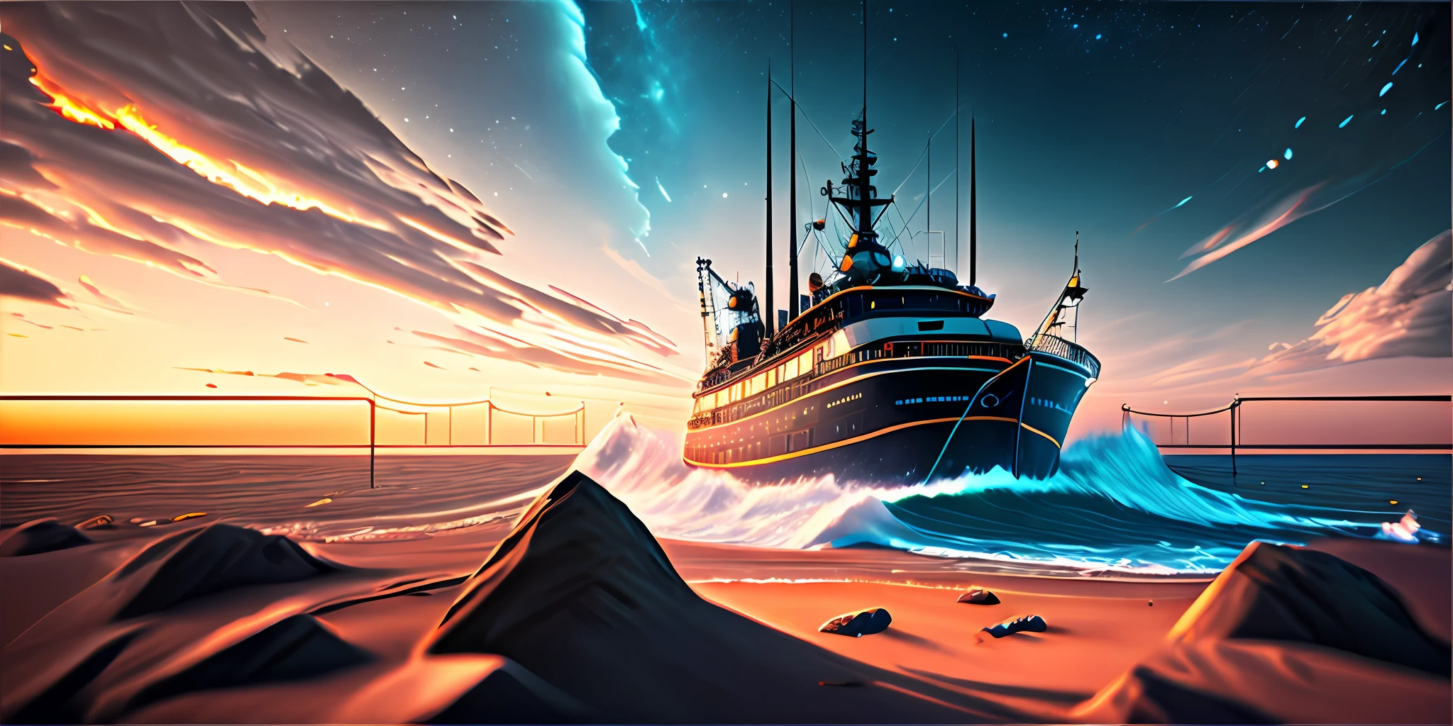 Cinematic lighting effects,Very detailed picture,Virtual Engine,Ultra HDR,Master masterpieces,best qulaity,Deep sea views,Wide field of view,stormy seas