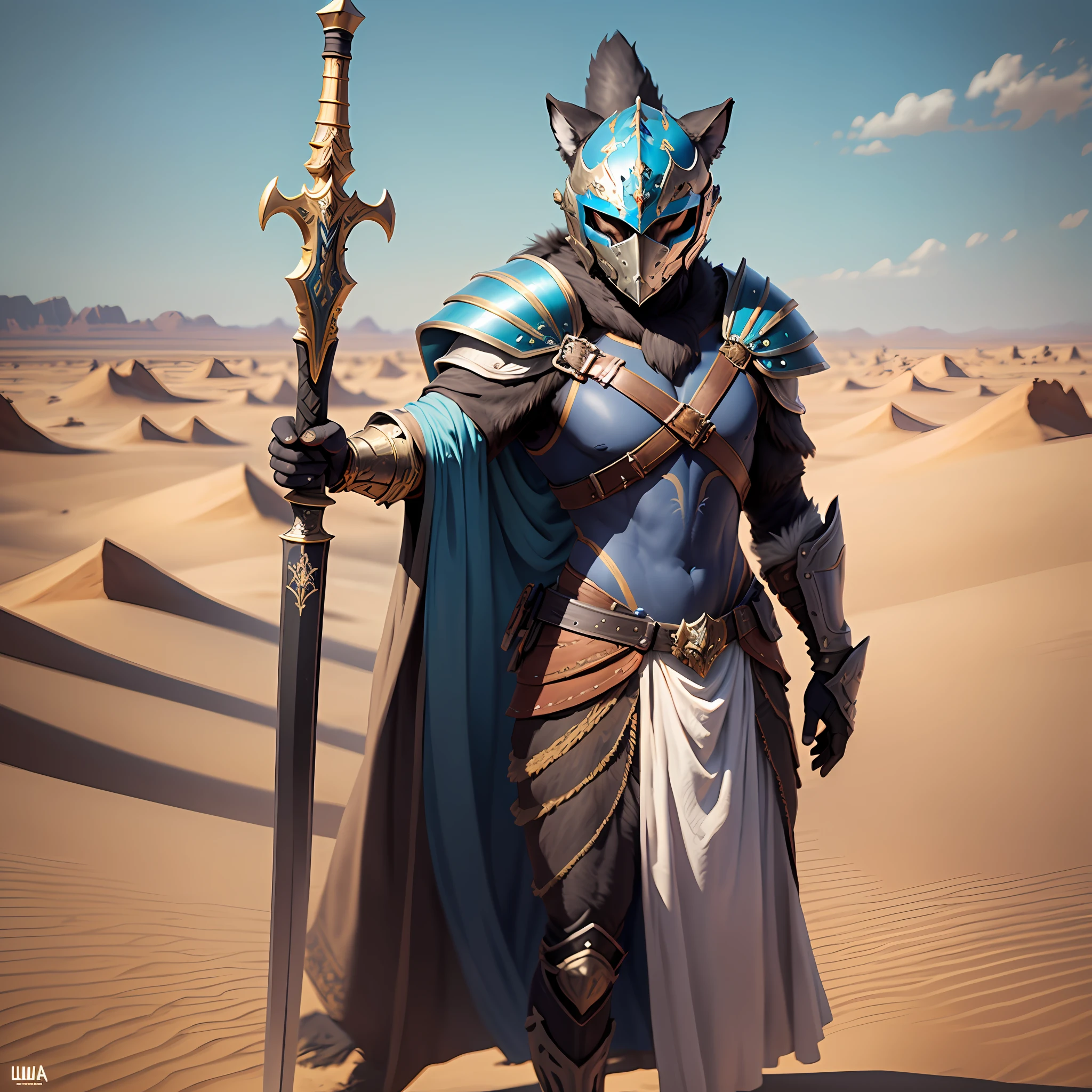 Um Khajiit O Orgulho de Elsweyr com um fundo de deserto, uma Armadura de Stalhrim azul e com bastante detalhes, uma juba, a helmet and a two-handed sword