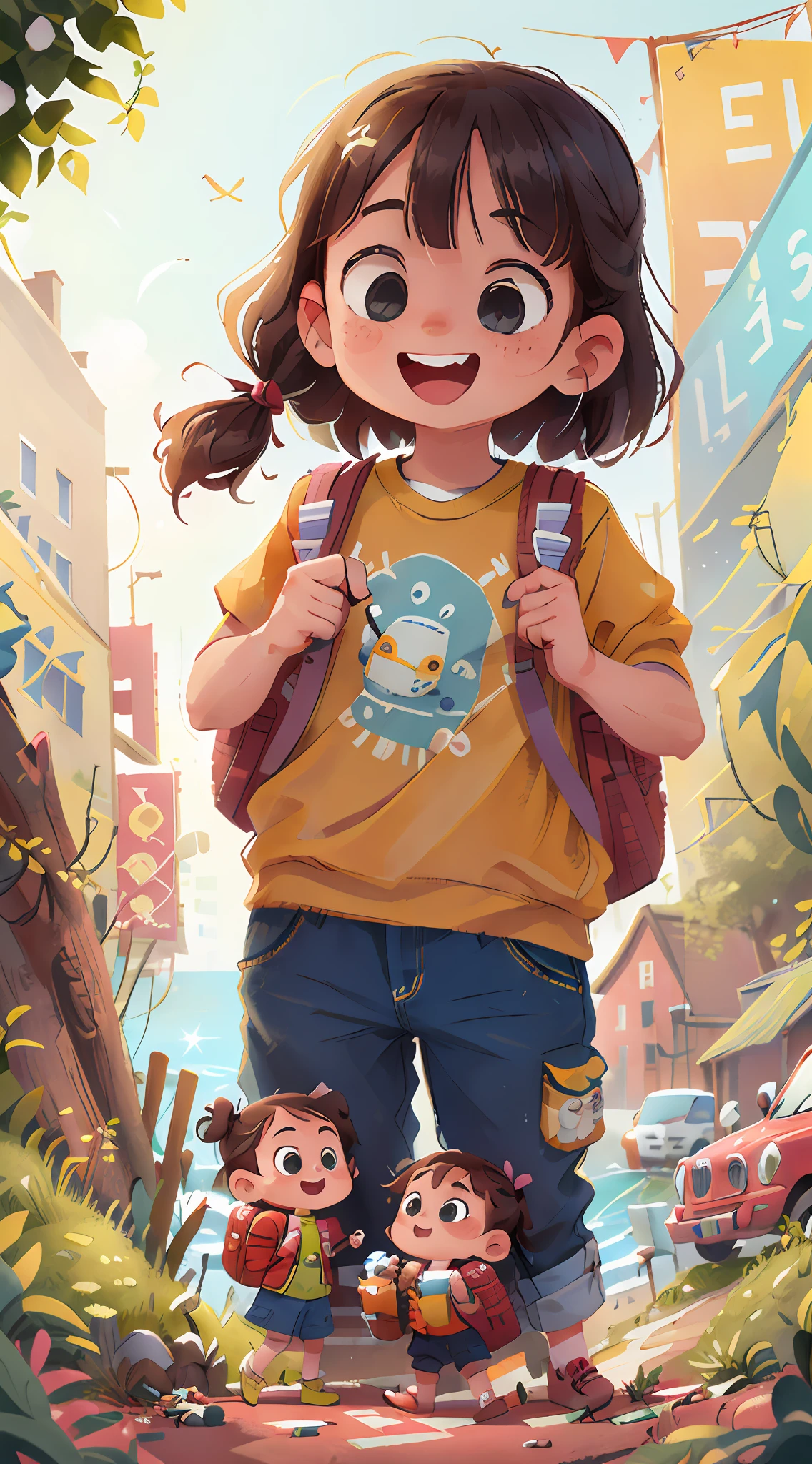 (sfw),Two little girls playing with cars,Spring outing,cheerfulness,Carrying a backpack,Small car toy in hand,The background is the sea on both sides of the road,Perfect quality,Clear focus,A riot of colour,Perfect face,complicated detail,Ultra-low viewing angle,wide-shot