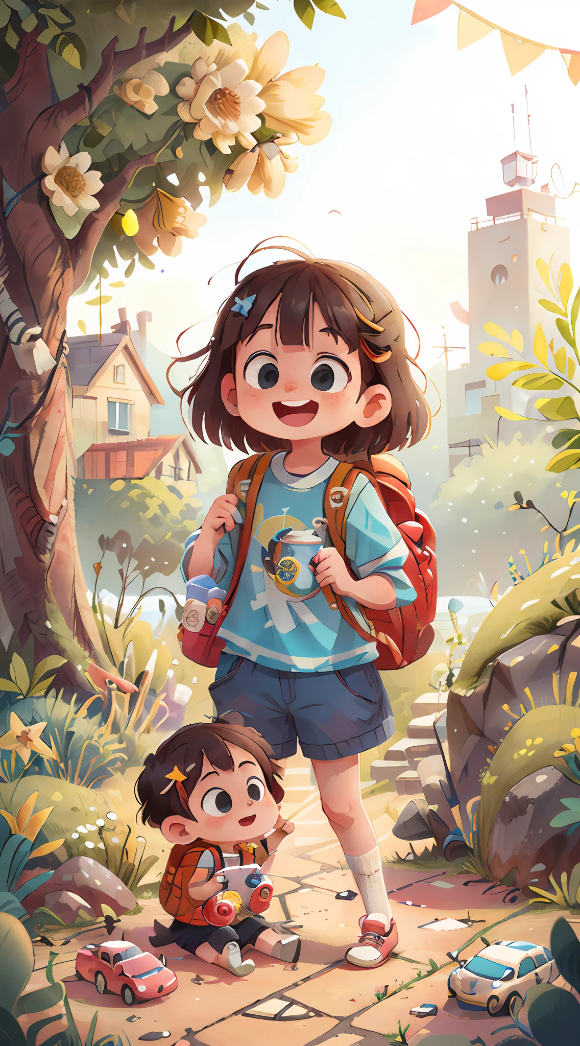 (sfw)，Two  girls playing with cars，Spring outing，cheerfulness，Carrying a backpack，Small car toy in hand，The background is the sea on both sides of the road，Perfect quality，Clear focus，A riot of colour，Perfect face，complicated detail，Ultra-low viewing angle，wide-shot