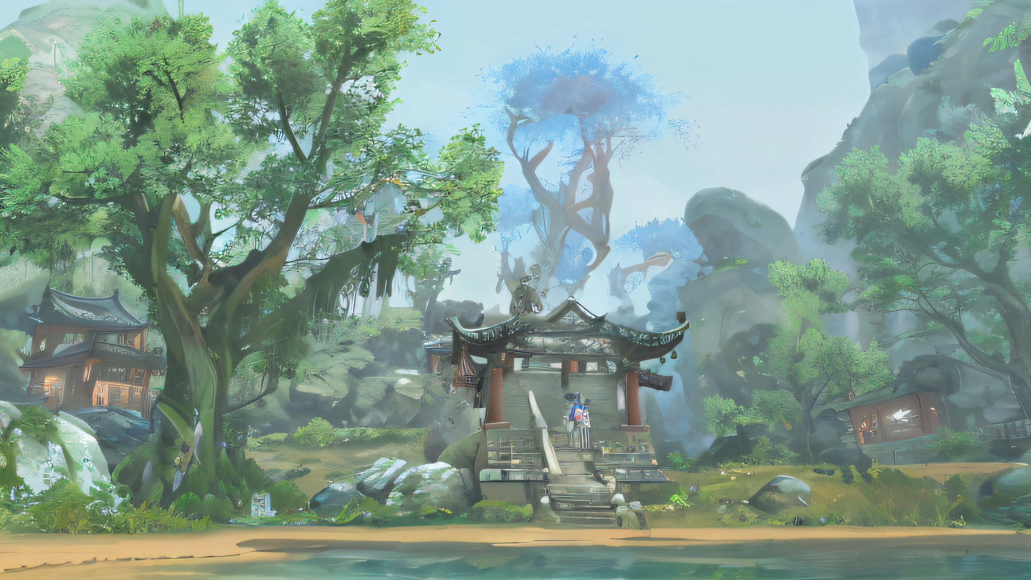 there is a small temple in the middle of a forest, Heise Jinyao, Imagem do jogo, mysterious temple setting, Aion, MMORPG, MMO, Xianxia, <Cena MMORPGS, entrance to ethereal realm, near crystal temple in atlantis, World of Warcraft Captura de tela, Jin Shan, amazing mmorpg, Xianxia fantasia, inspirado em Hong Ren, de wow --auto