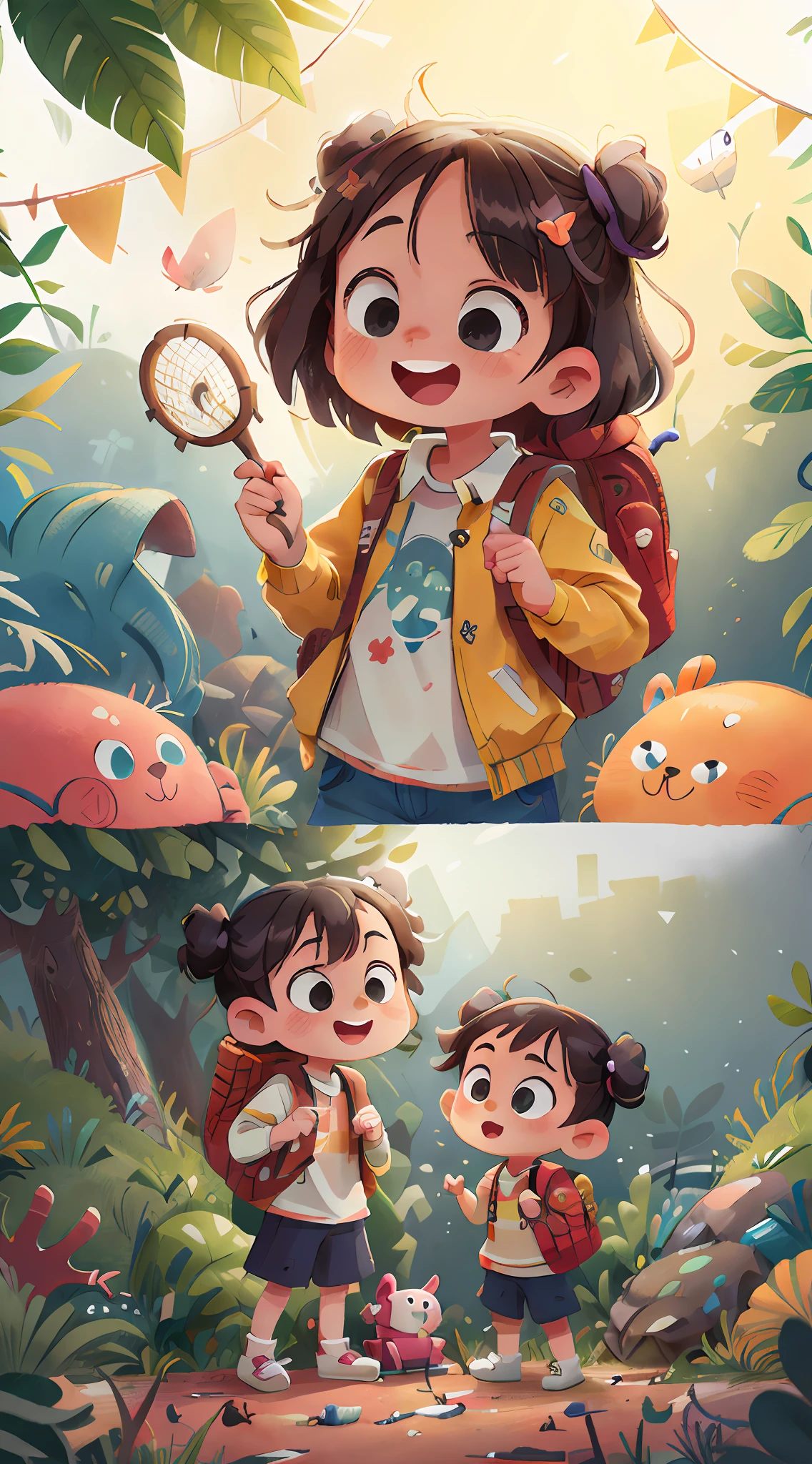 (sfw),Two little girls playing with cars,Spring outing,cheerfulness,Carrying a backpack,Small car toy in hand,The background is the sea on both sides of the road,Perfect quality,Clear focus,A riot of colour,Perfect face,complicated detail,Ultra-low viewing angle,wide-shot