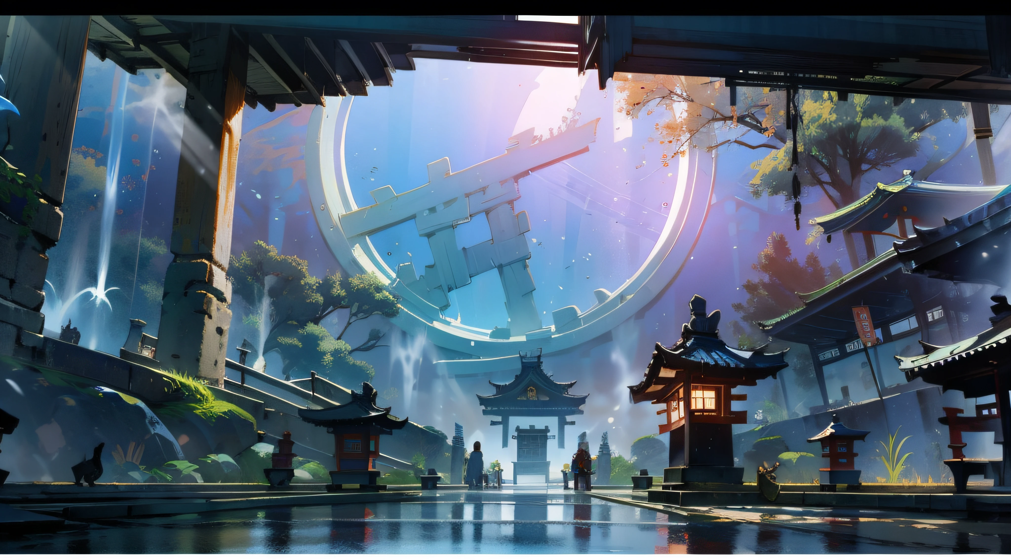 (Ancient Japanese shrine design),(Cobblestone road,porch,Torii,Stone lanterns,Depth,symmetrical design),(wood planks,Bonsai,vase,massive trees,Shrine,florals,ponds,courtyard,waterwheels),abundant detail,Ancient Japanese Showa style,Quiet and elegant atmosphere,Cool tones are the keynote,Delicate and soft painting style,Cinematic lighting effects,HD picture quality,Gentle light,Tyndall effect,dreamlike,abundant detail,Refer to Gu Kaizhi,32K