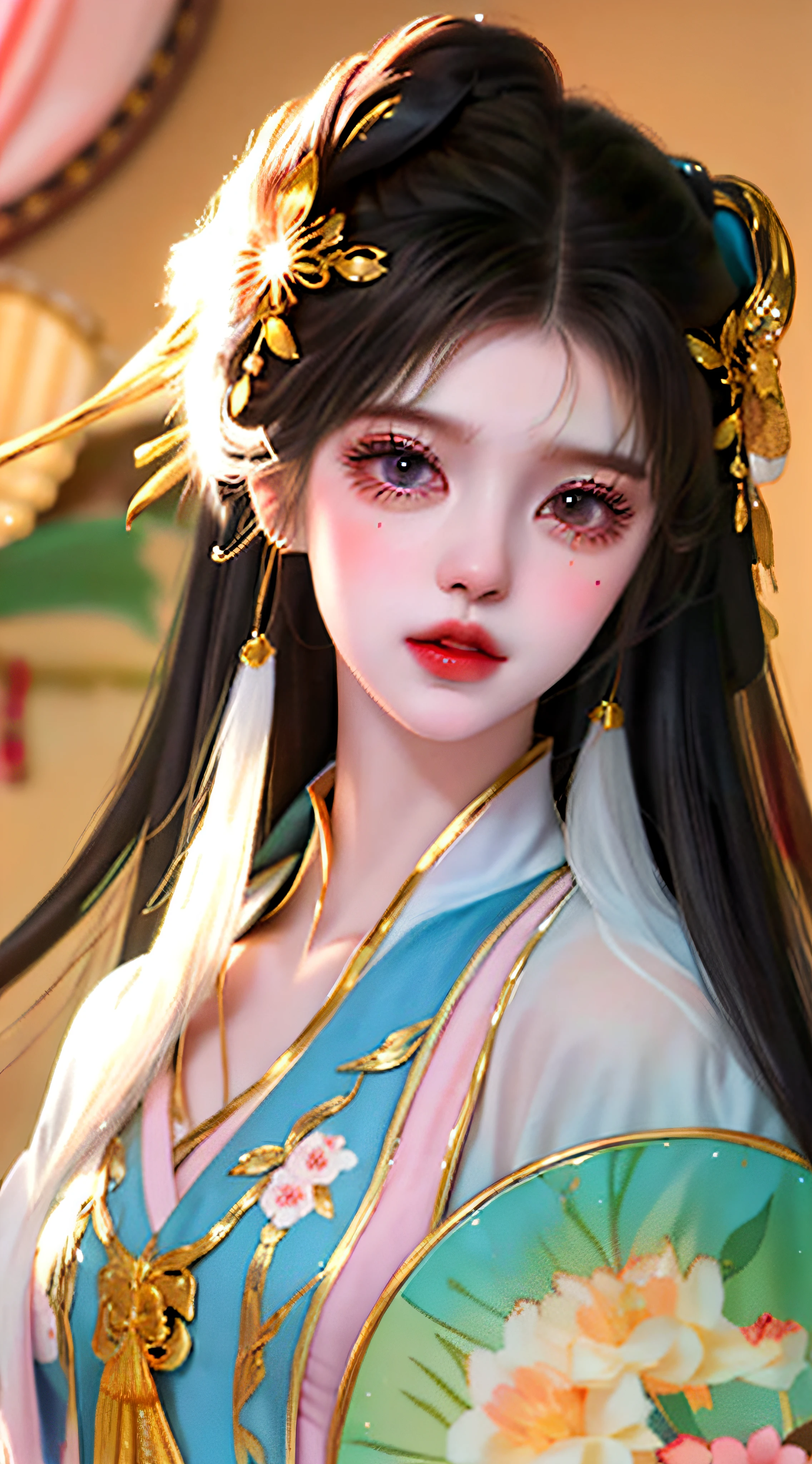 An illustration of a woman wearing Eastern clothing, with an anime aesthetic style, cute cartoon design, cute and dreamy, I can't believe how beautiful it is. Decorative painting, harmonious color palette, simplified and stylized portrait, complex clothing, classical style.- -v 4