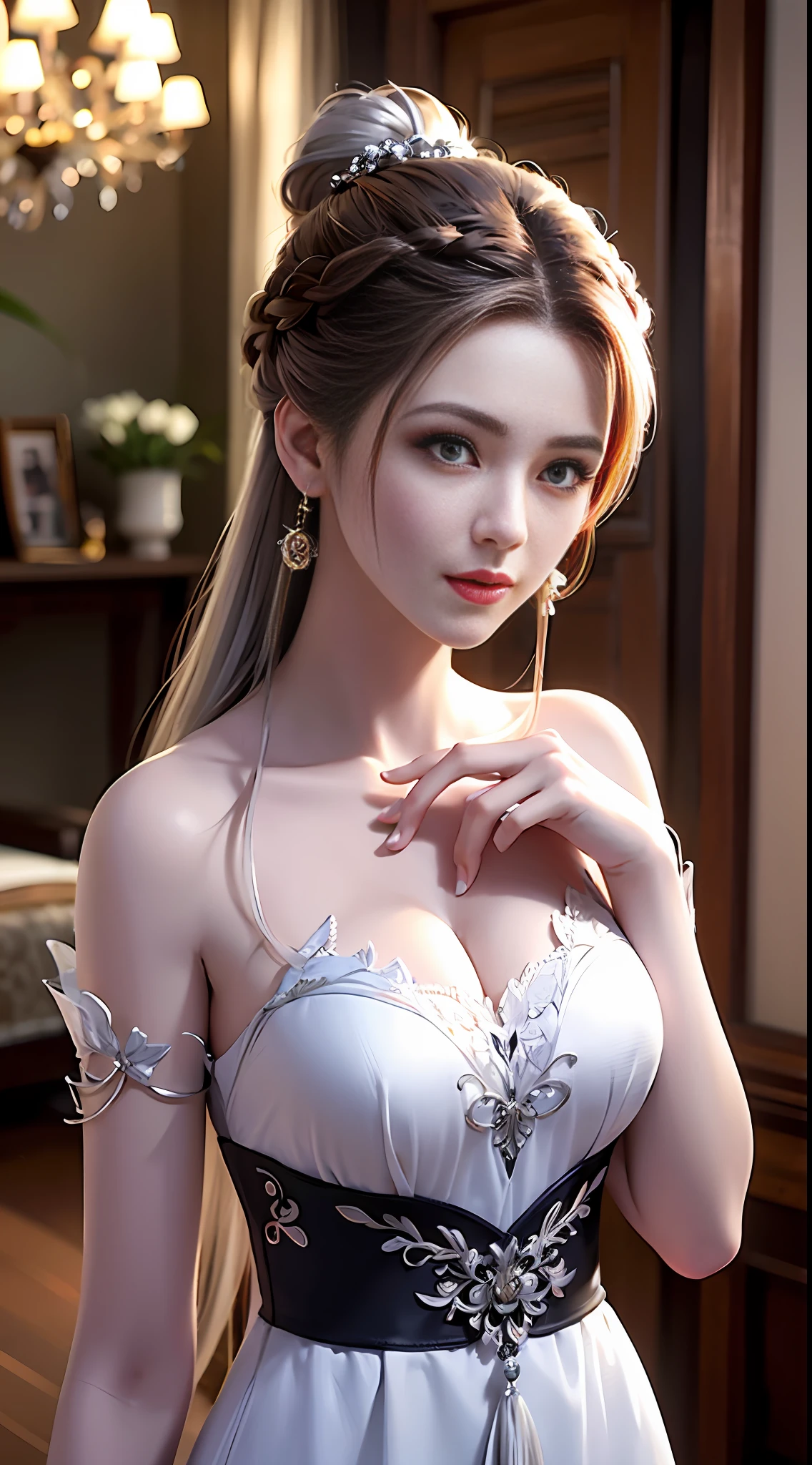 Best Quality, Masterpiece: 1.4), Ultra High Resolution, Realistic, Front Lighting, Intricate Details, Delicate Details and Textures, 1girl, Solo, (Young), Facial Highlight, Upper Body, Detail Face, Tear Mole, White Skin, Silver Hair, Ponytail, Braid, Look at the Audience, Big Eyes, Black Cheongsam, (Openwork Pattern, White, Silk), Earrings, , Slim Figure, Deluxe Room, Professional Lighting, Photon Mapping, Teleportion, Physically Based Rendering,