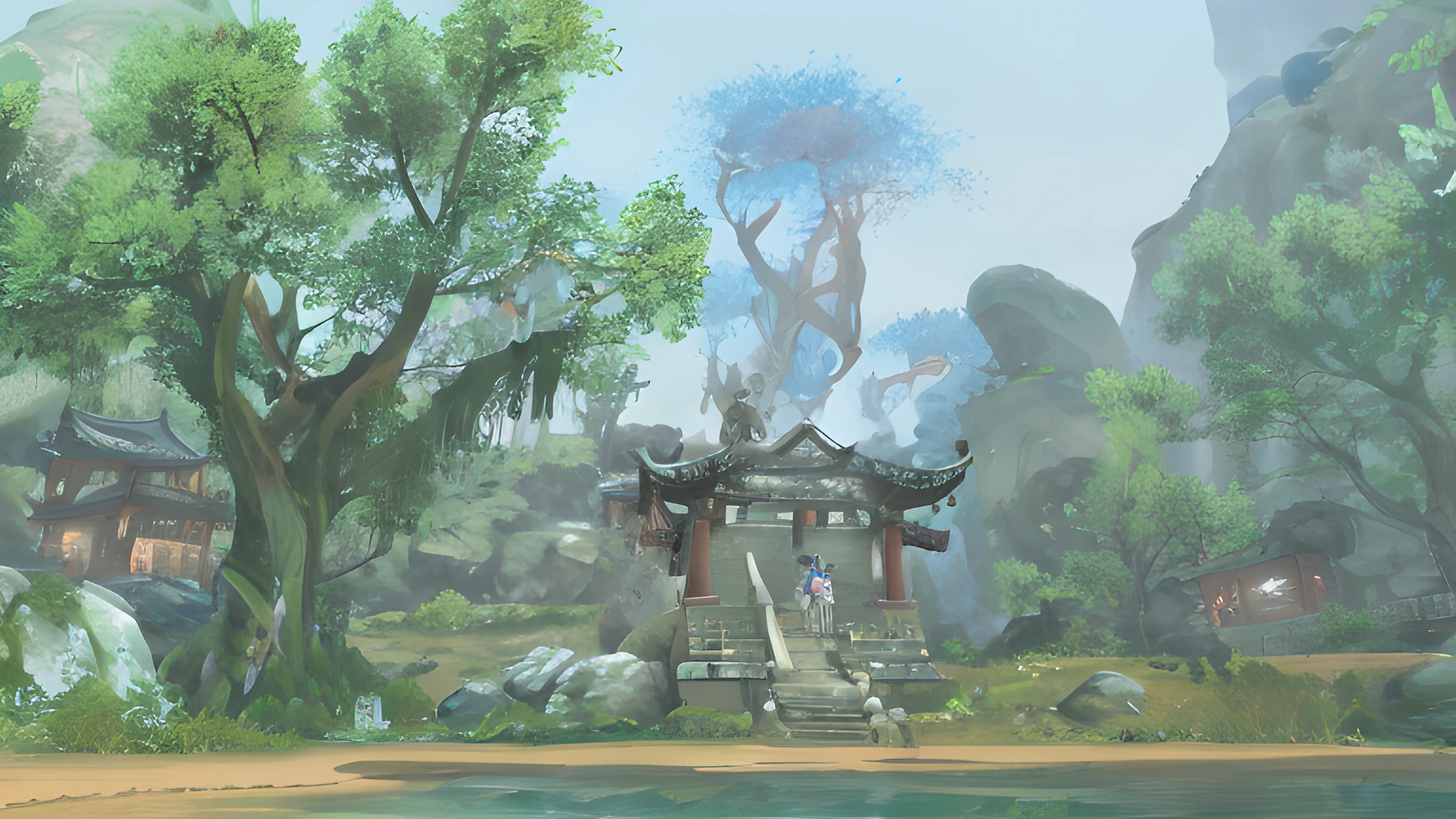 there is a small temple in the middle of a forest, Heise Jinyao, Imagem do jogo, mysterious temple setting, Aion, MMORPG, MMO, Xianxia, <Cena MMORPGS, entrance to ethereal realm, near crystal temple in atlantis, World of Warcraft Captura de tela, Jin Shan, amazing mmorpg, Xianxia fantasia, inspirado em Hong Ren, de wow --auto