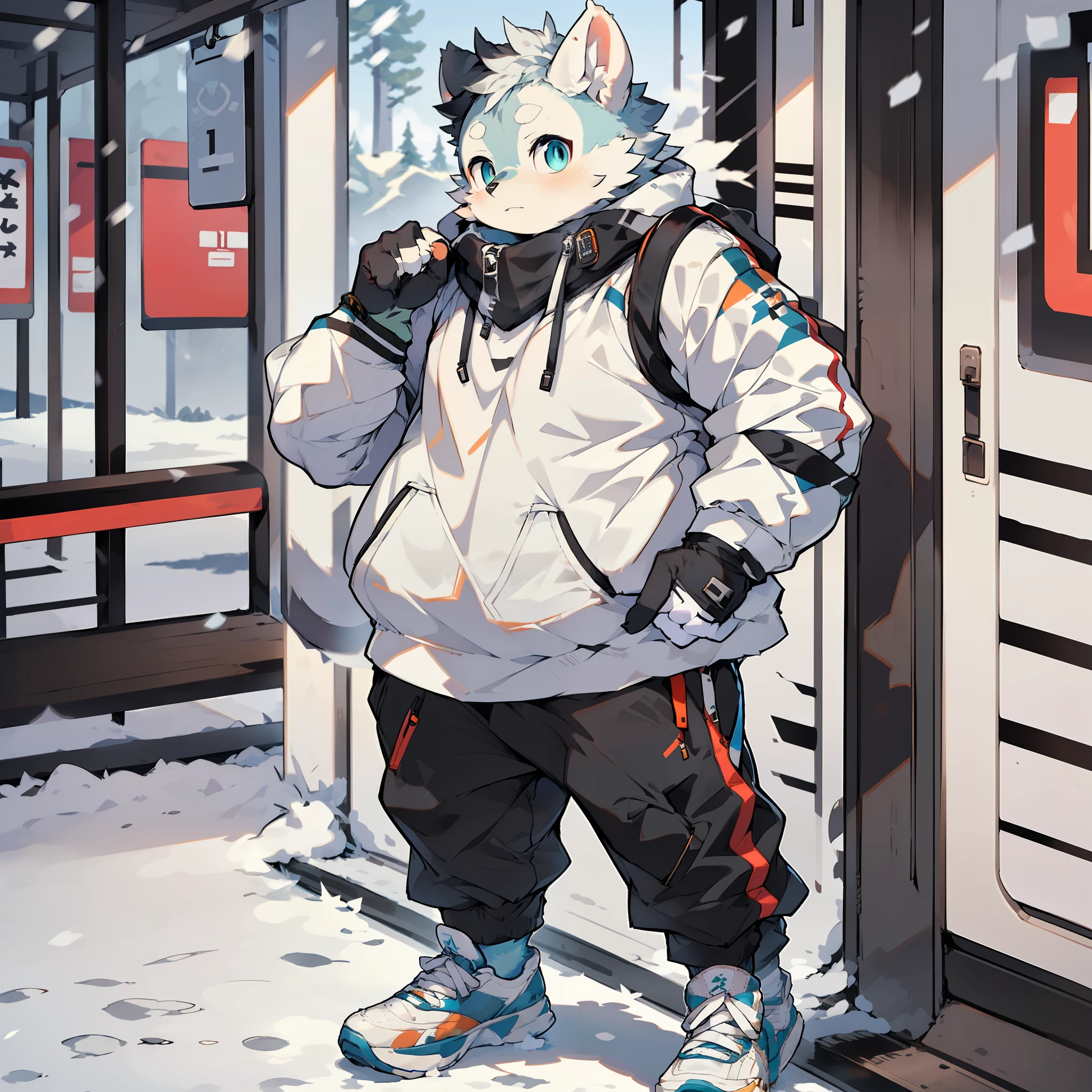 White bear orc, furry, black coat, black sweatpants, sneakers, blue and white tones, waiting at a snowy station, a bag on his shoulder, slightly chubby, thick arms, very, very cute furry, furry, red bib, male, anthropomorphic furry art, white bear anthropomorphic, young