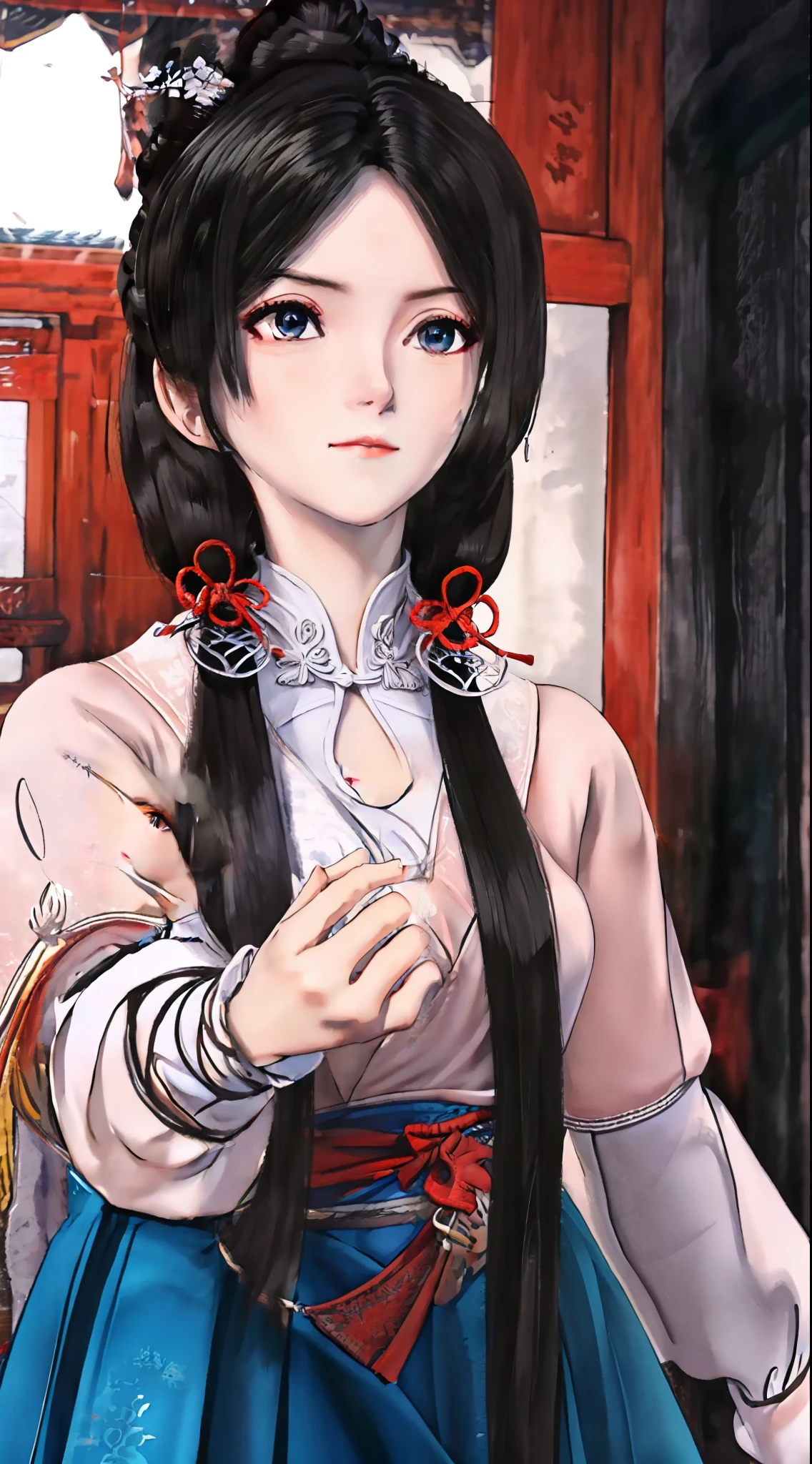 masterpiece,best quality,1girl, black_hair, breasts, china_dress, chinese_clothes, dress, hair_ornament,cowboy shot,dynamic pose, dynamic angle,