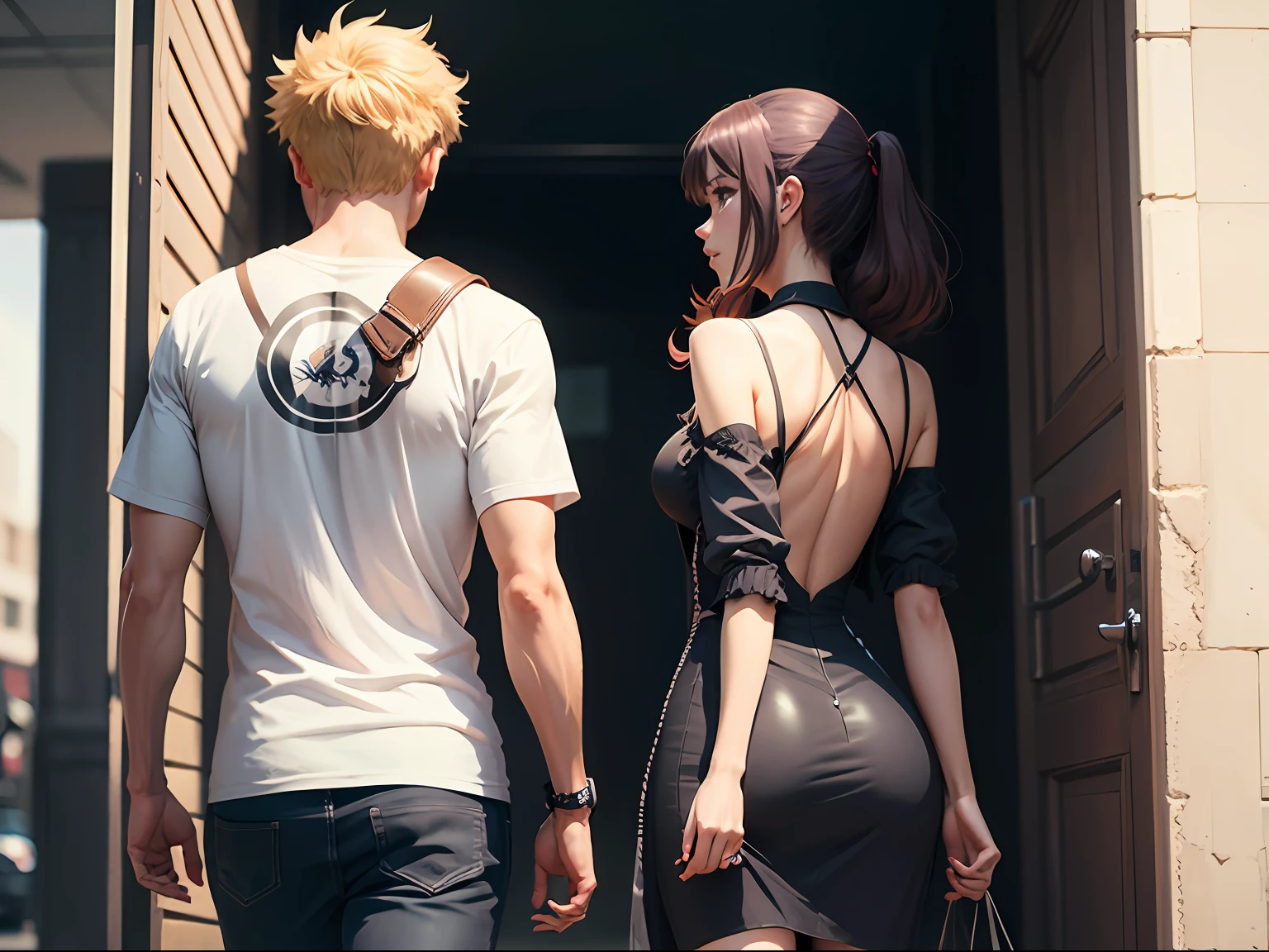 The back of a couple going out and leaving,style of anime --auto