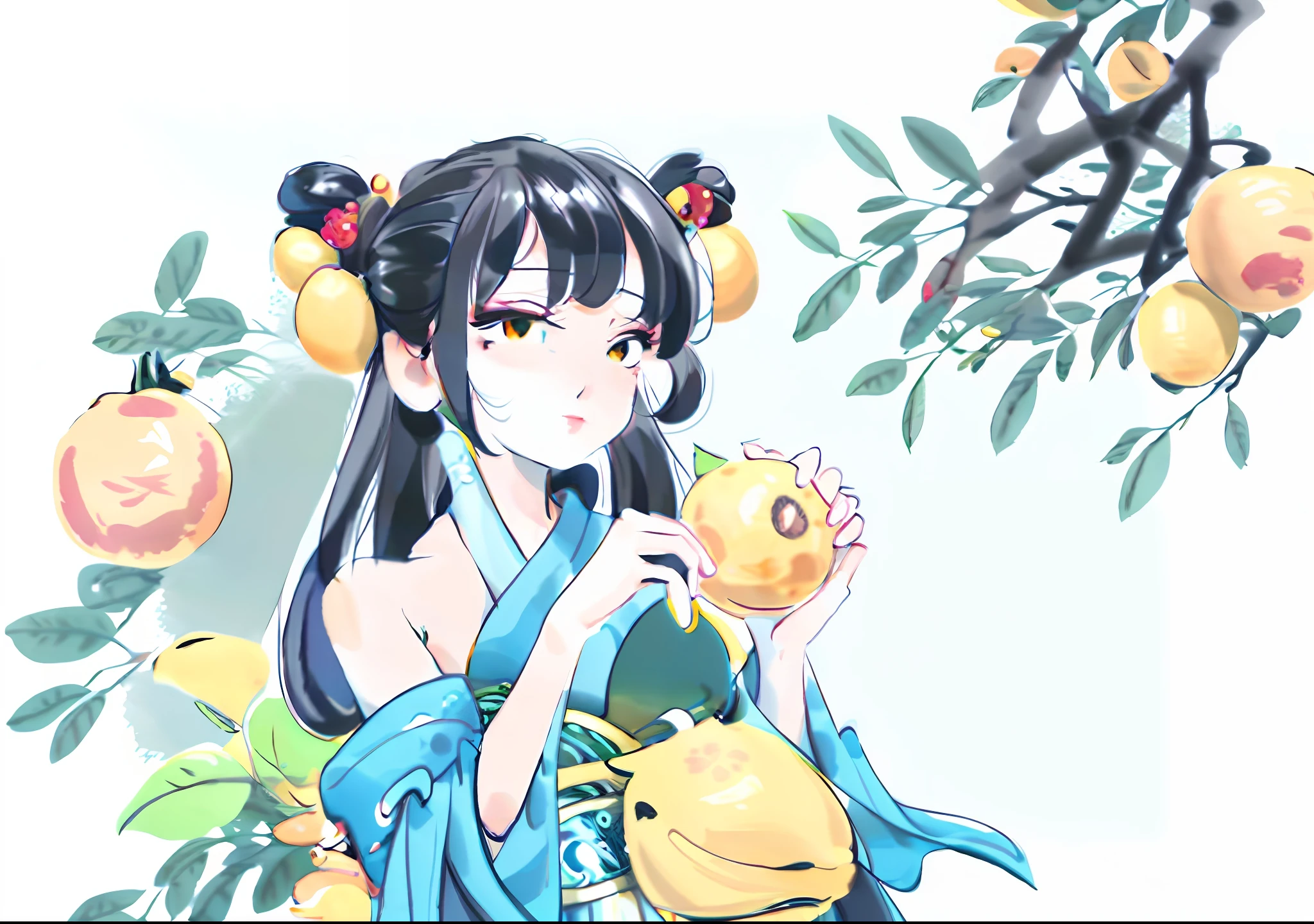 There is a cartoon boy,A bunch of oranges in his hand, inspired by Bian Shoumin, wearing a lemon, 2D illustration, 2 d illustration, inspired by Lin Tinggui, inspired by Qu Leilei, it has lemon skin texture, hand painted cartoon art style, inspired by Luo Ping, inspired by Chen Daofu, 🐿🍸🍋